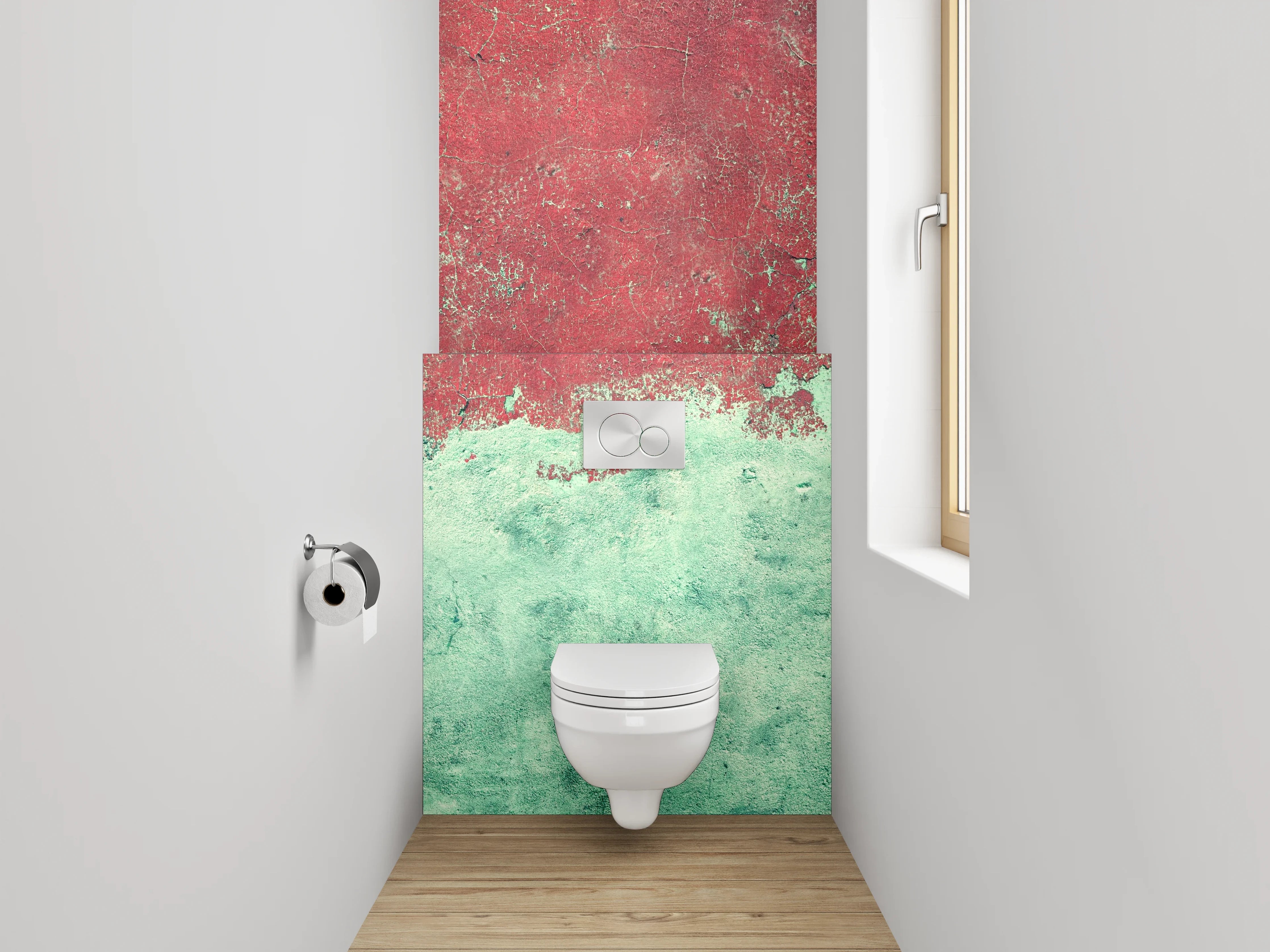 WC-Rückwand - Abstrakte Aquarell-Optik in Rot und Türkis
