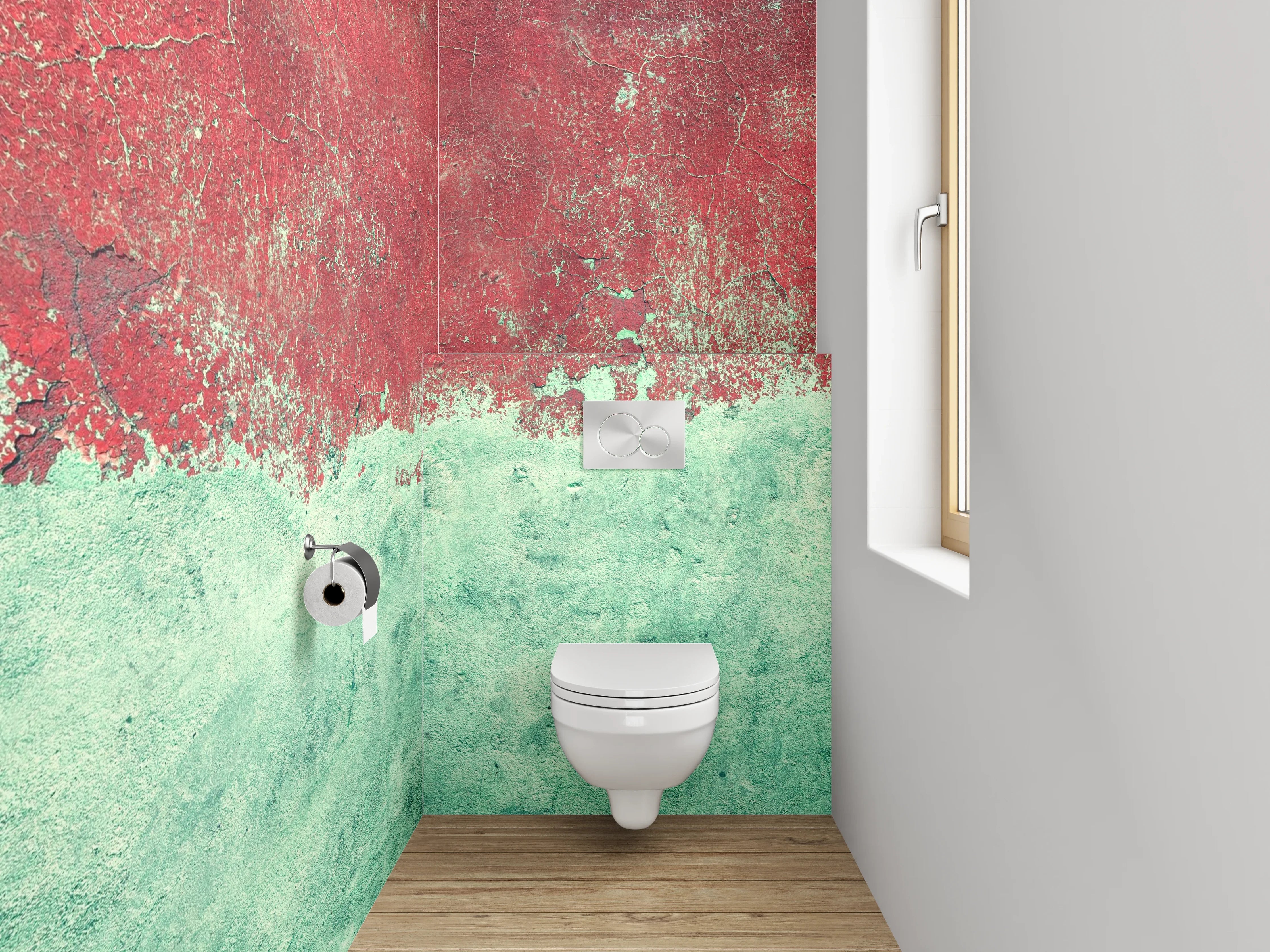 WC-Rückwand - Abstrakte Aquarell-Optik in Rot und Türkis