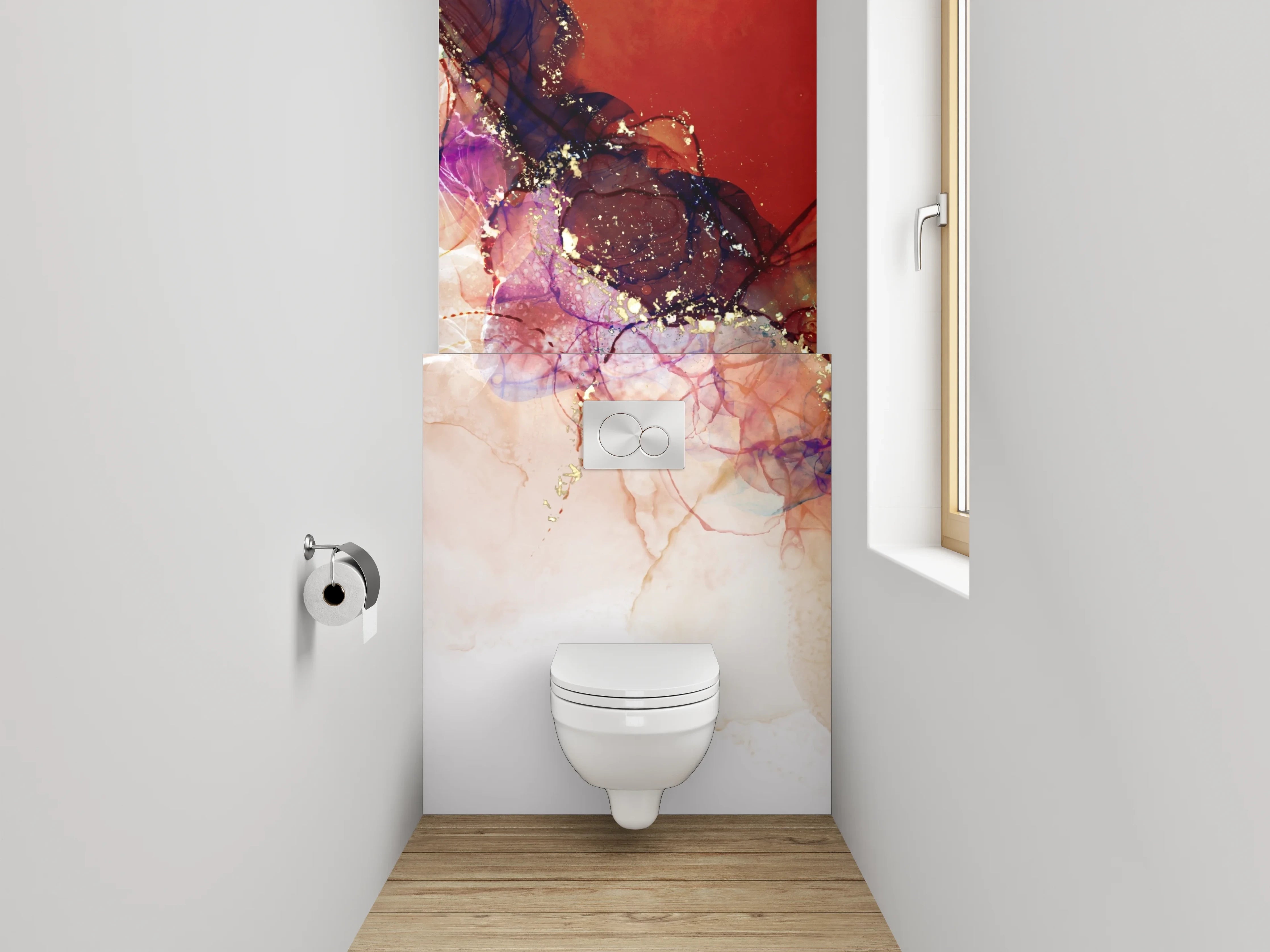 WC-Rückwand - Abstrakte Aquarellfarben mit Goldakzenten