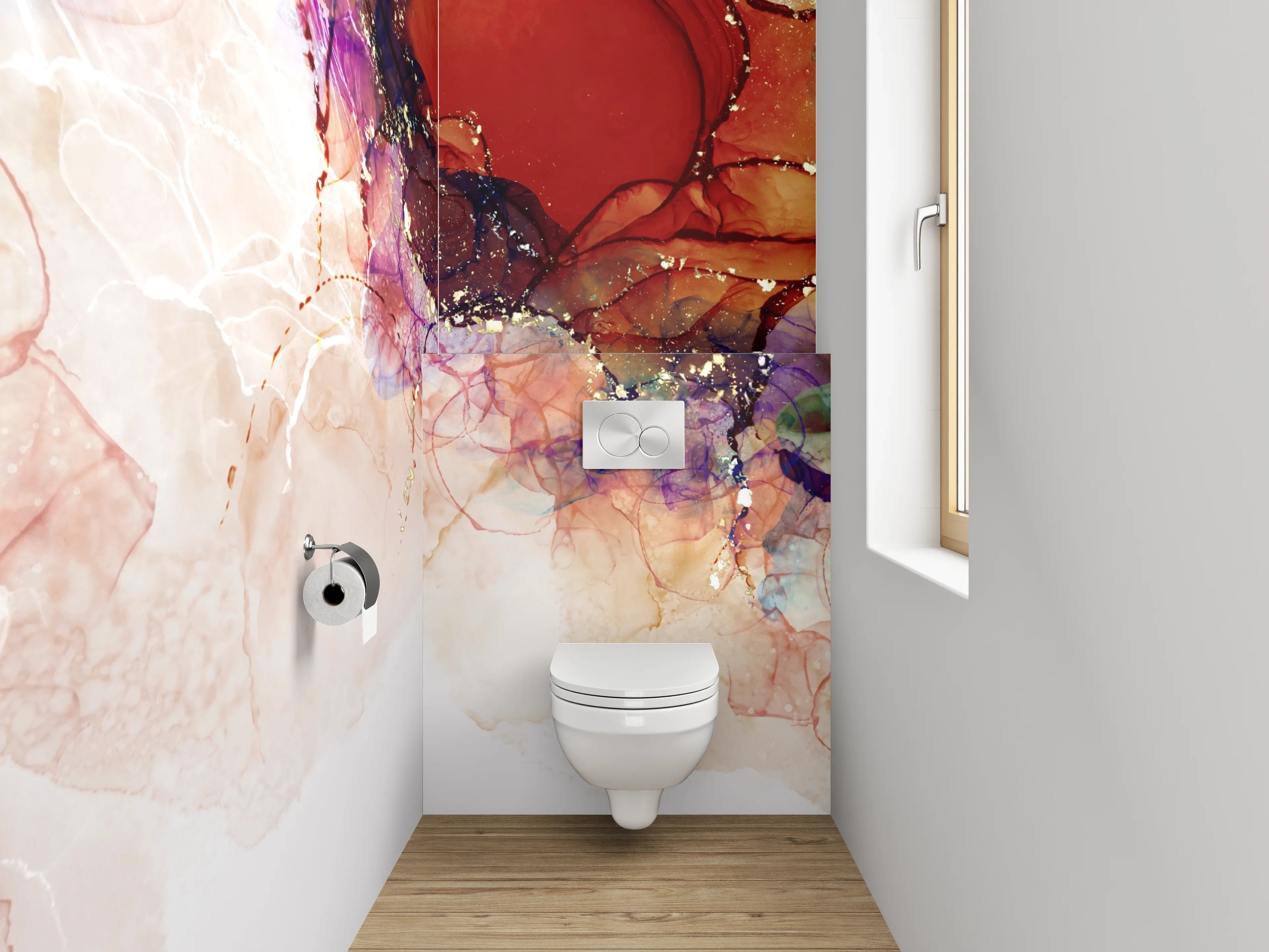 WC-Rückwand - Abstrakte Aquarellfarben mit Goldakzenten