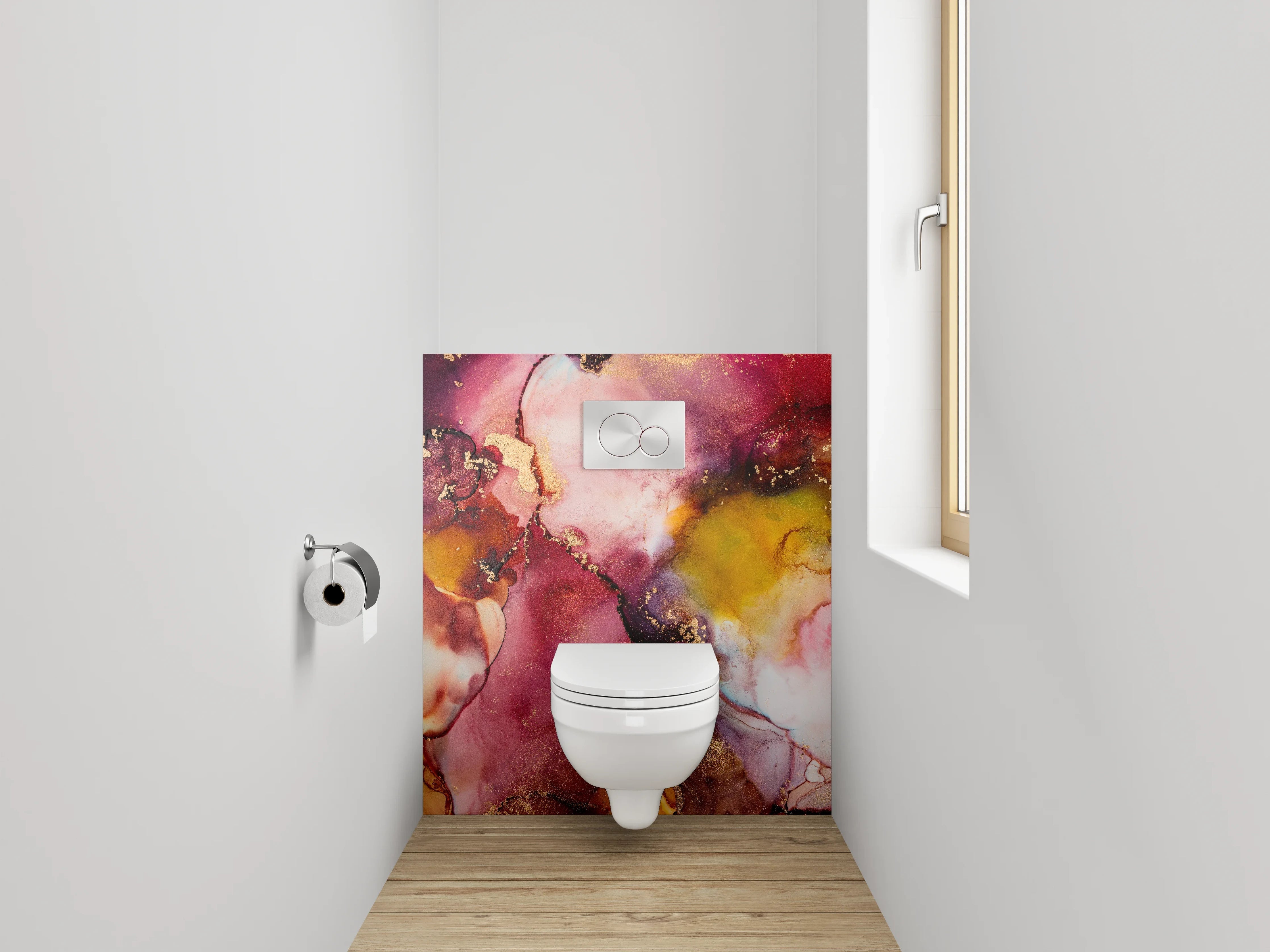 WC-Rückwand - Abstrakte Aquarellkunst in Rot und Gold
