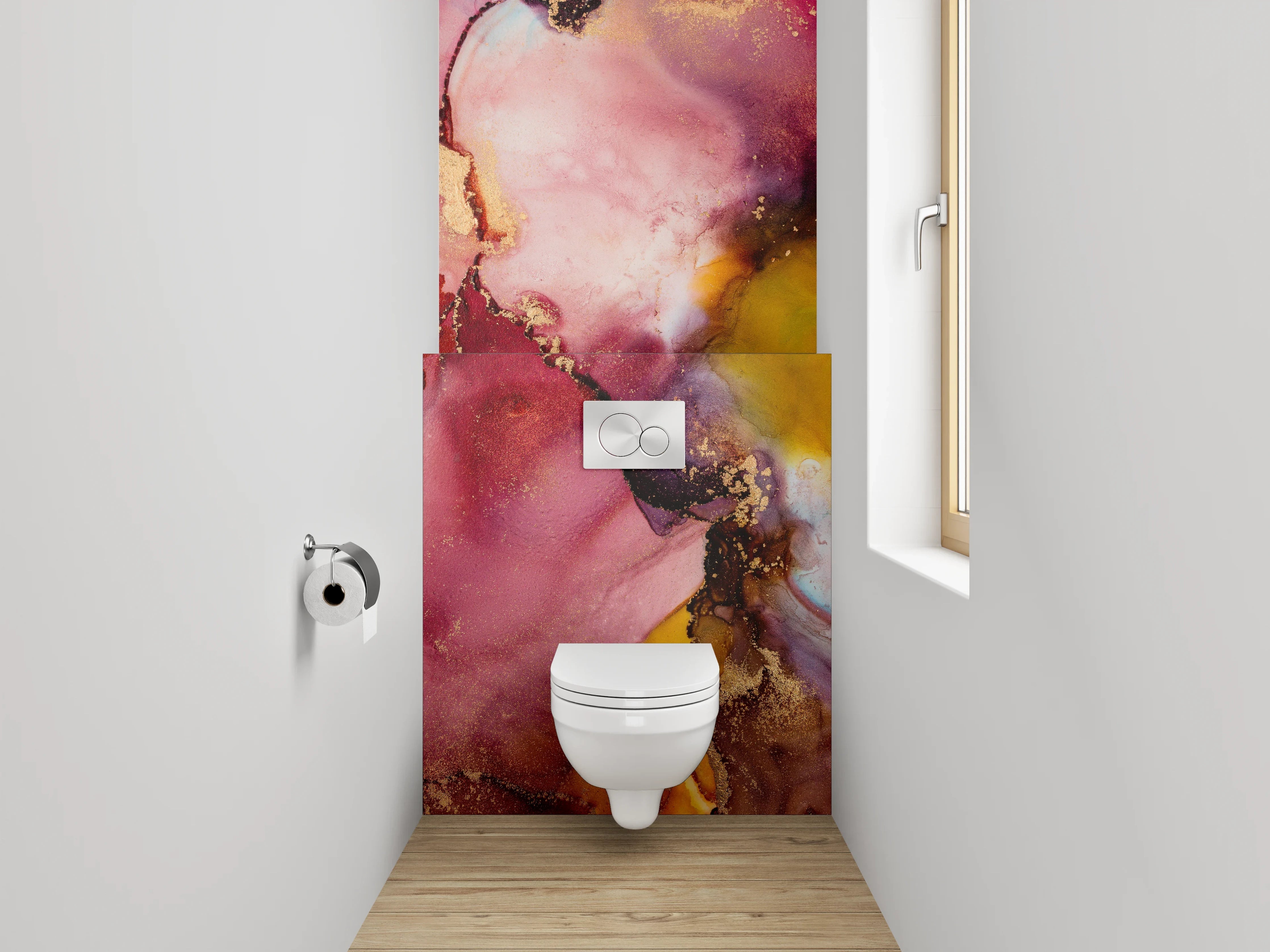 WC-Rückwand - Abstrakte Aquarellkunst in Rot und Gold