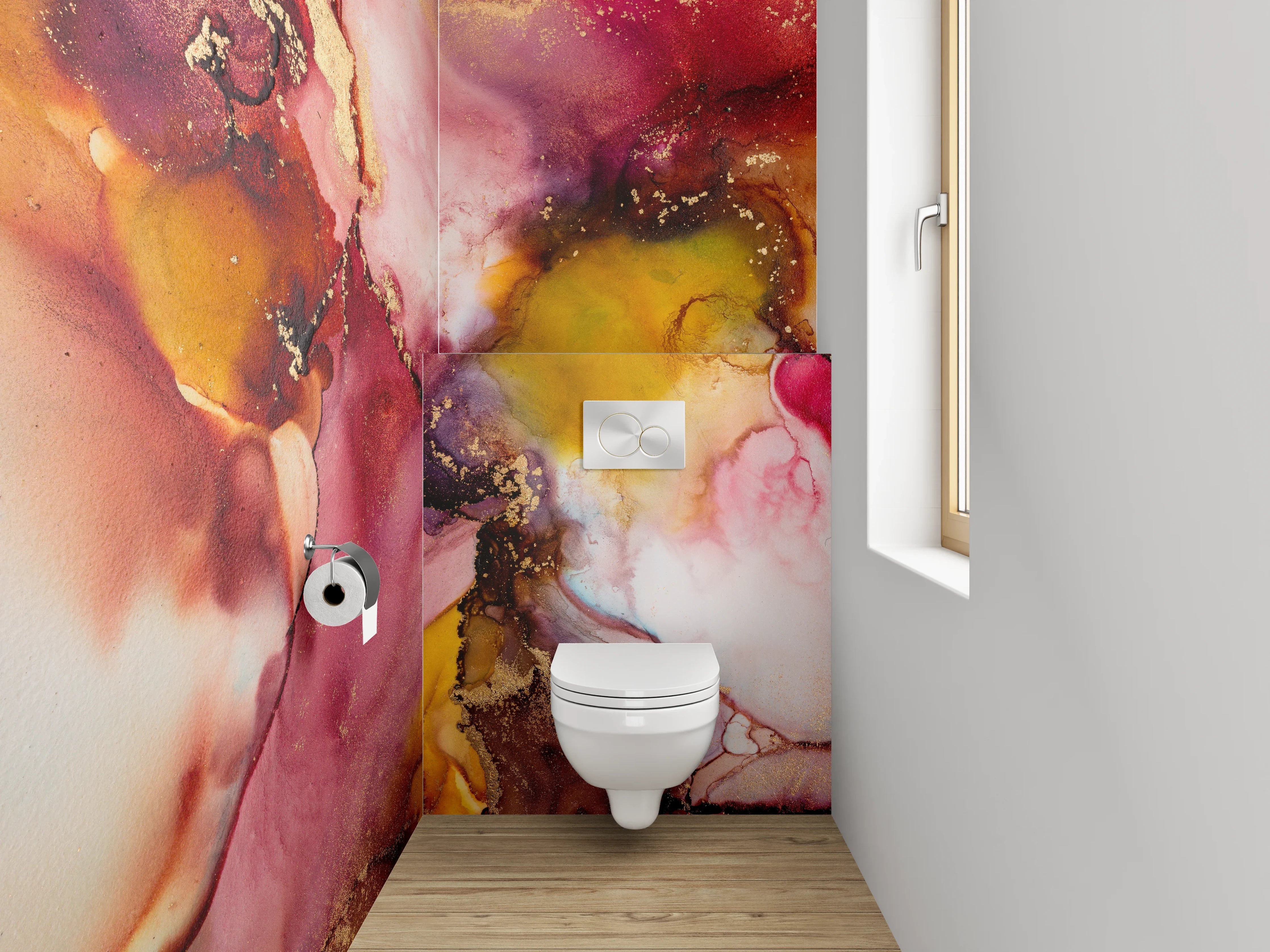 WC-Rückwand - Abstrakte Aquarellkunst in Rot und Gold