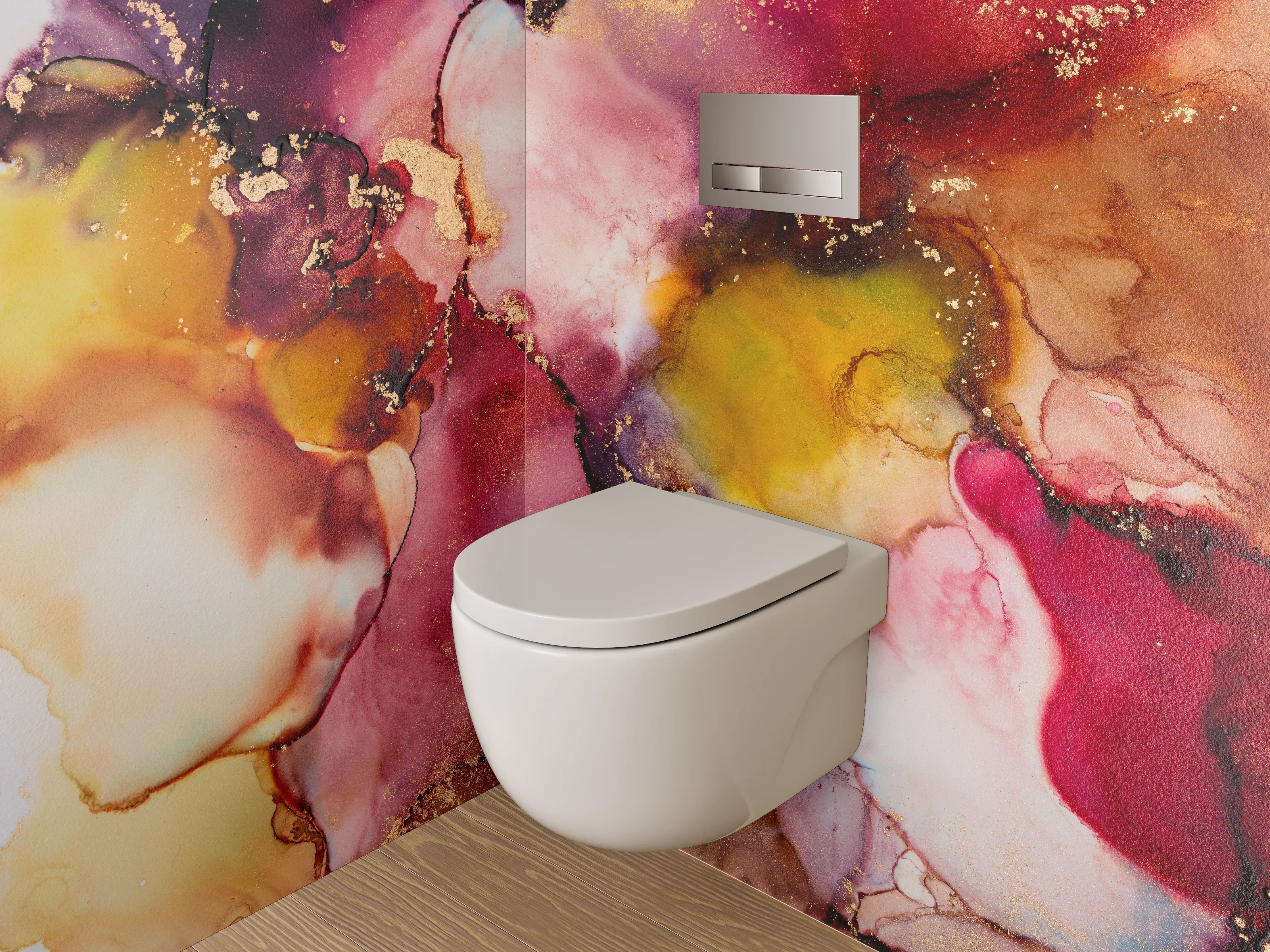 WC-Rückwand - Abstrakte Aquarellkunst in Rot und Gold