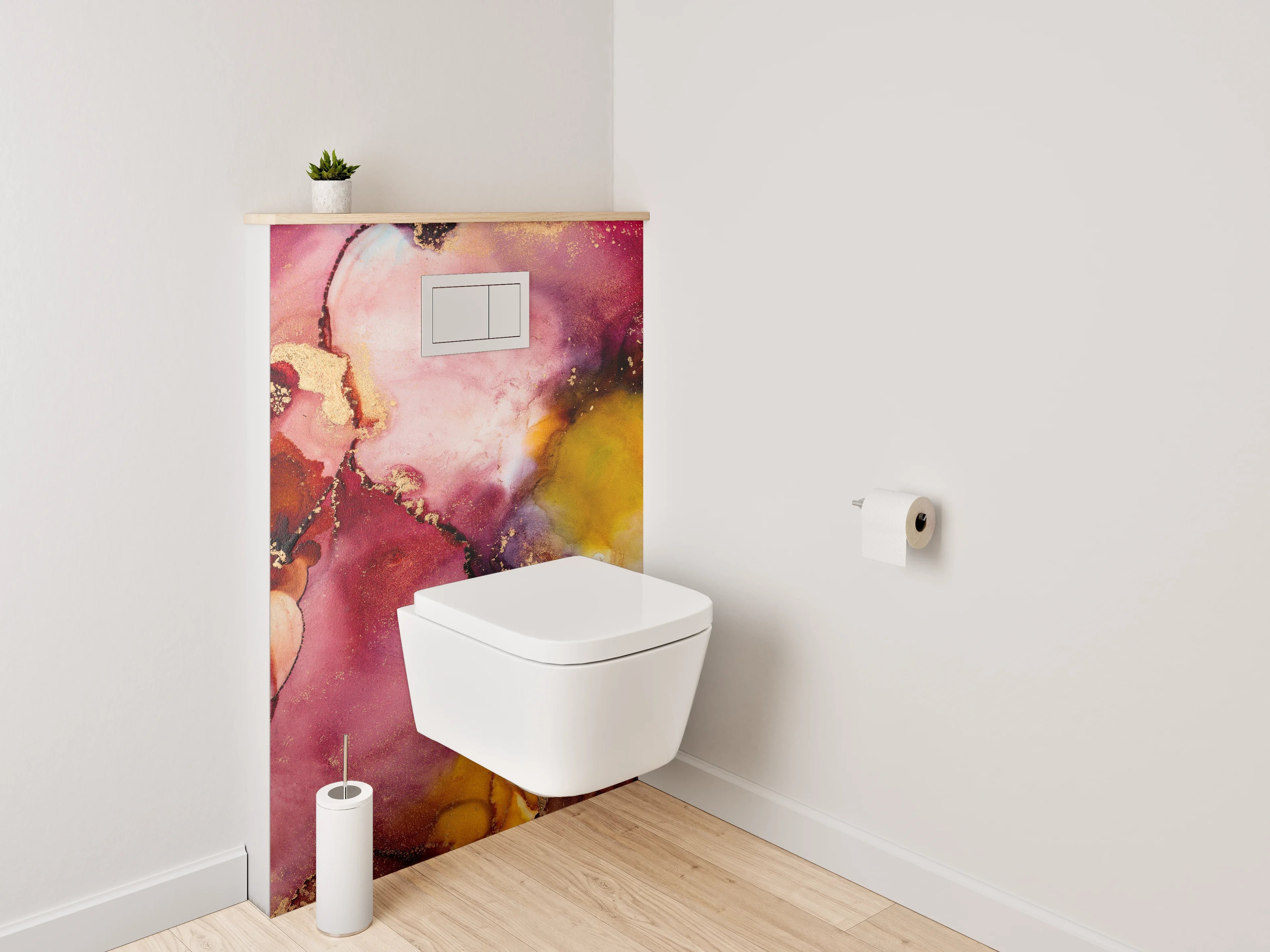 WC-Rückwand - Abstrakte Aquarellkunst in Rot und Gold