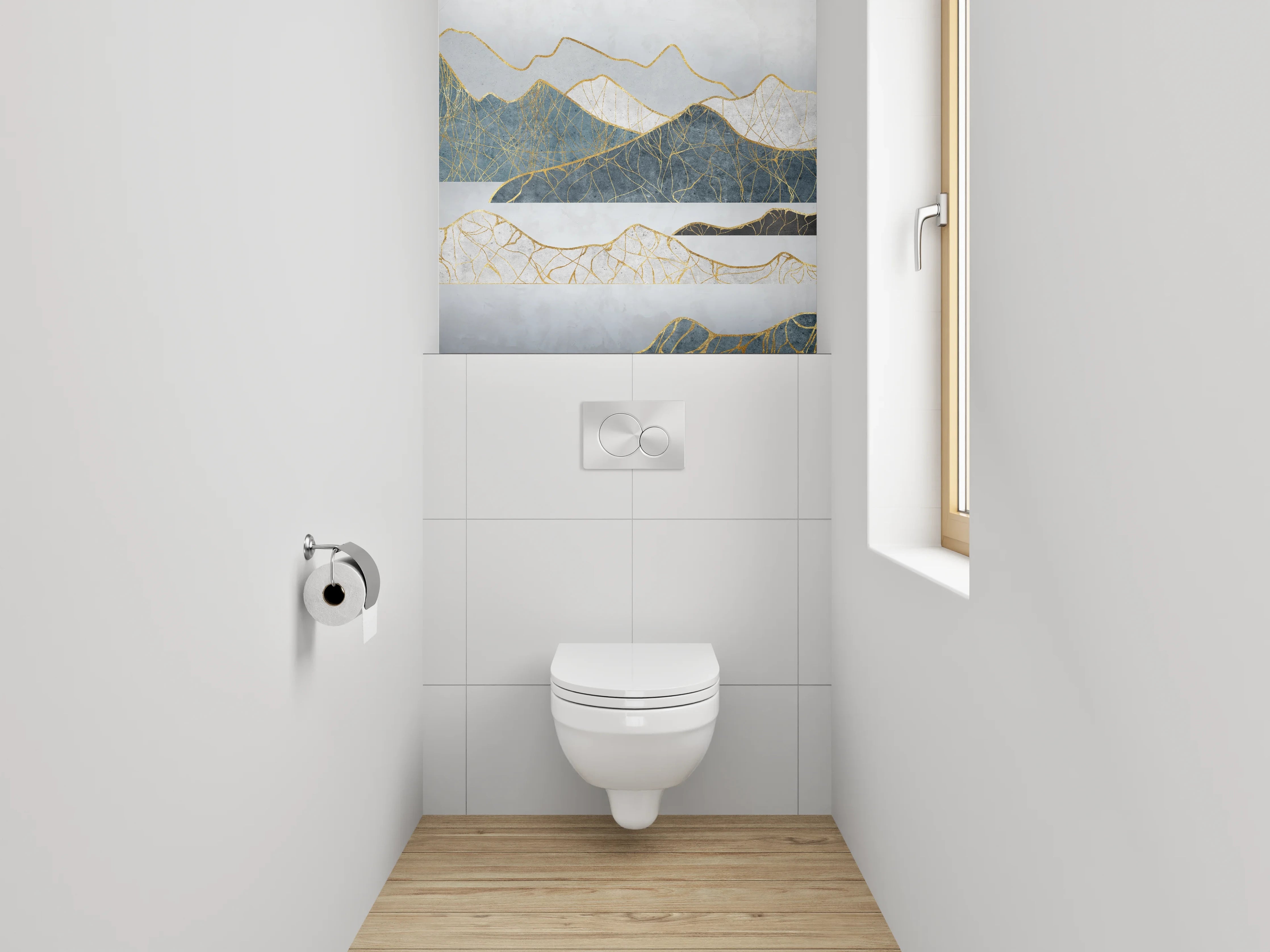 WC-Rückwand - Abstrakte Berge Goldlinien Kunst