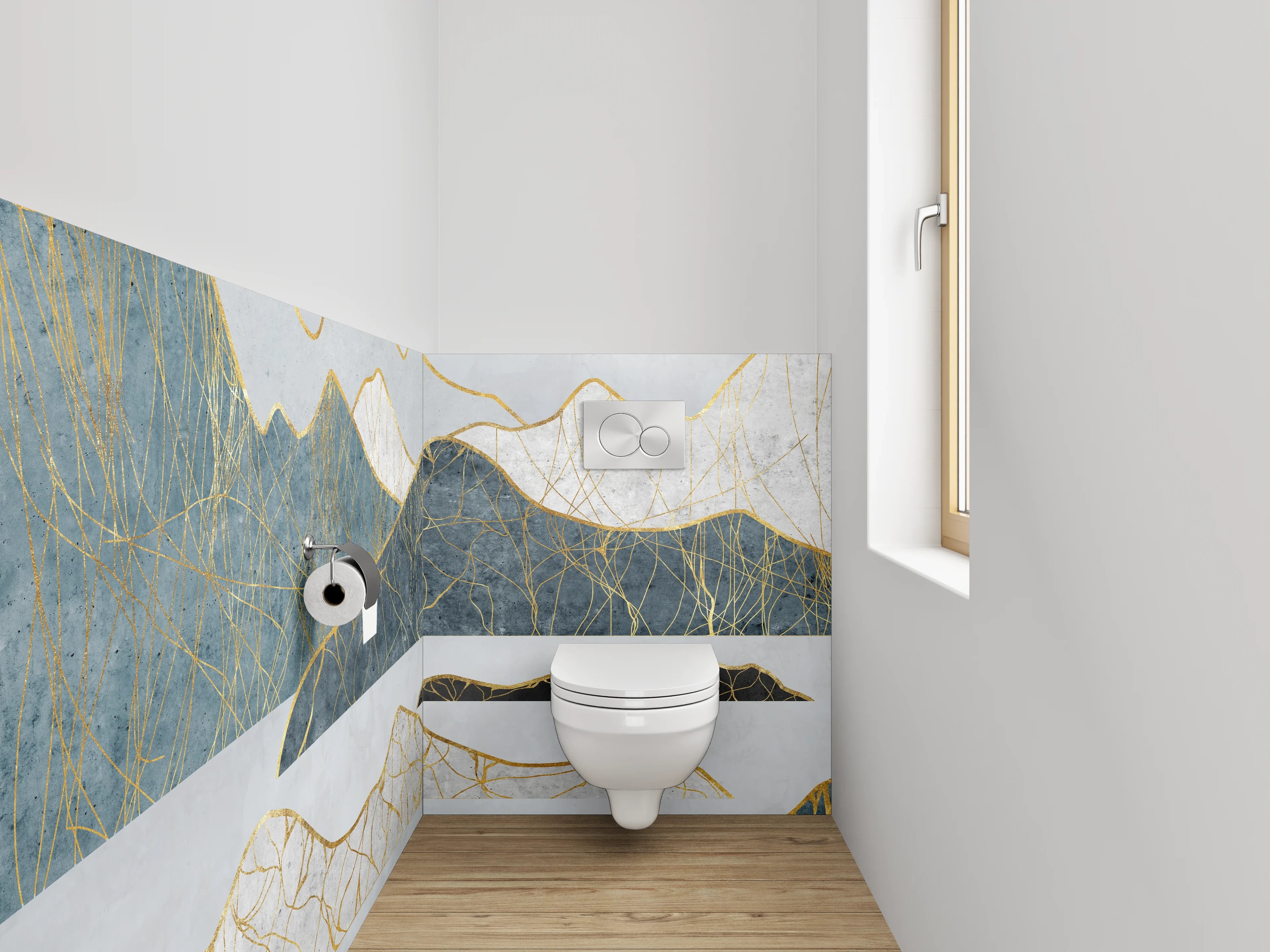 WC-Rückwand - Abstrakte Berge Goldlinien Kunst