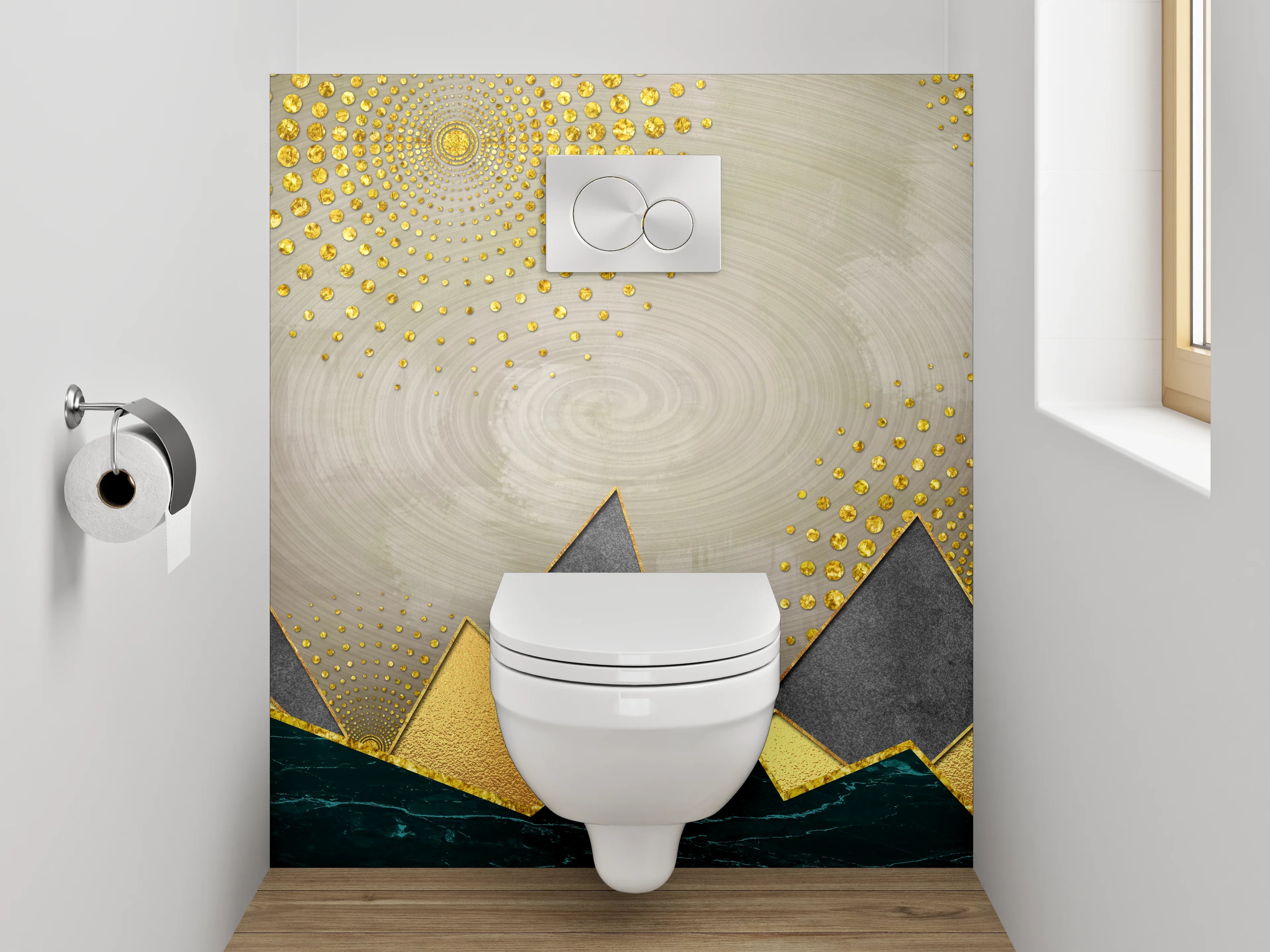 WC-Rückwand - Abstrakte Berge mit goldenen Akzenten
