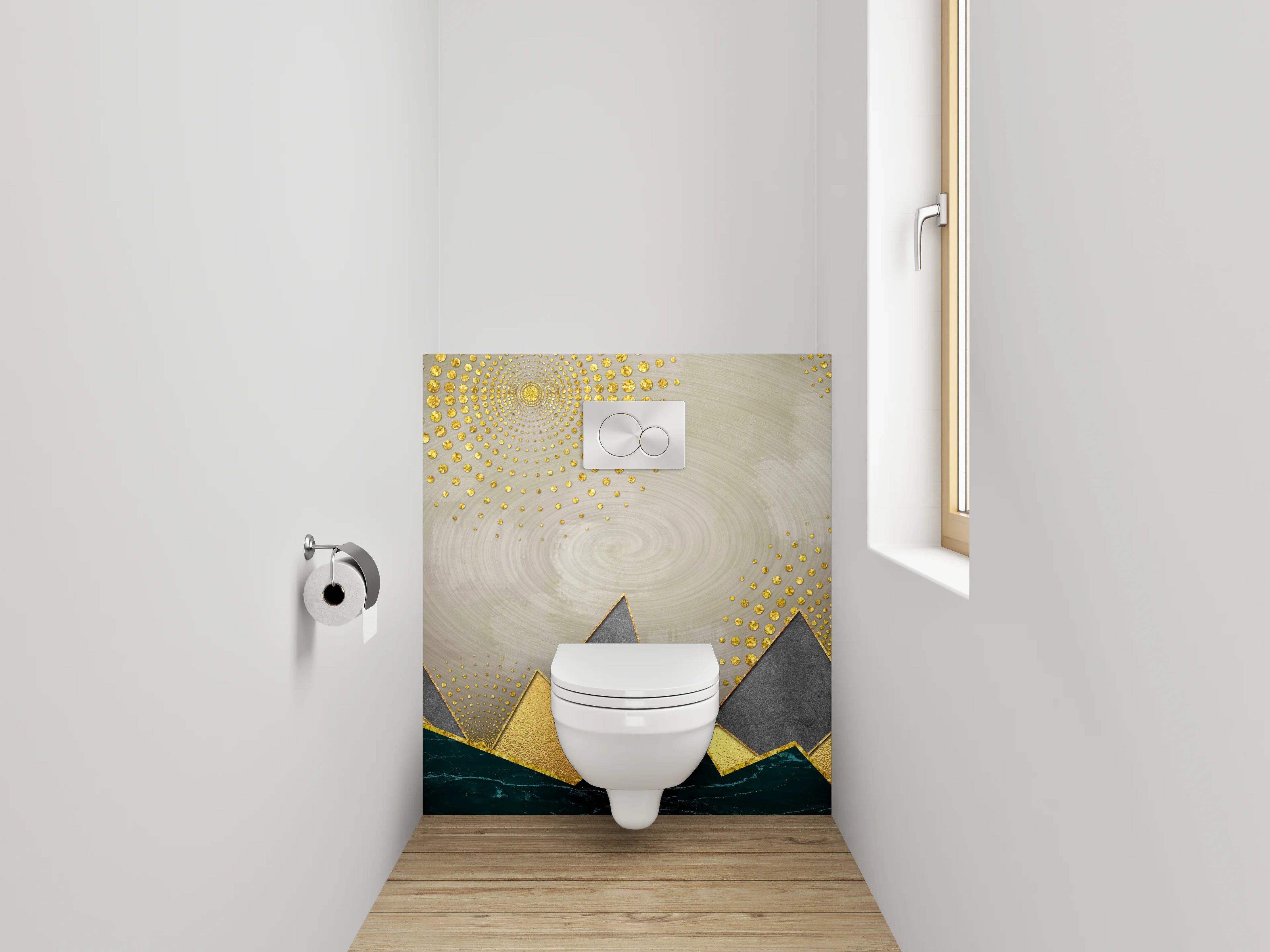 WC-Rückwand - Abstrakte Berge mit goldenen Akzenten