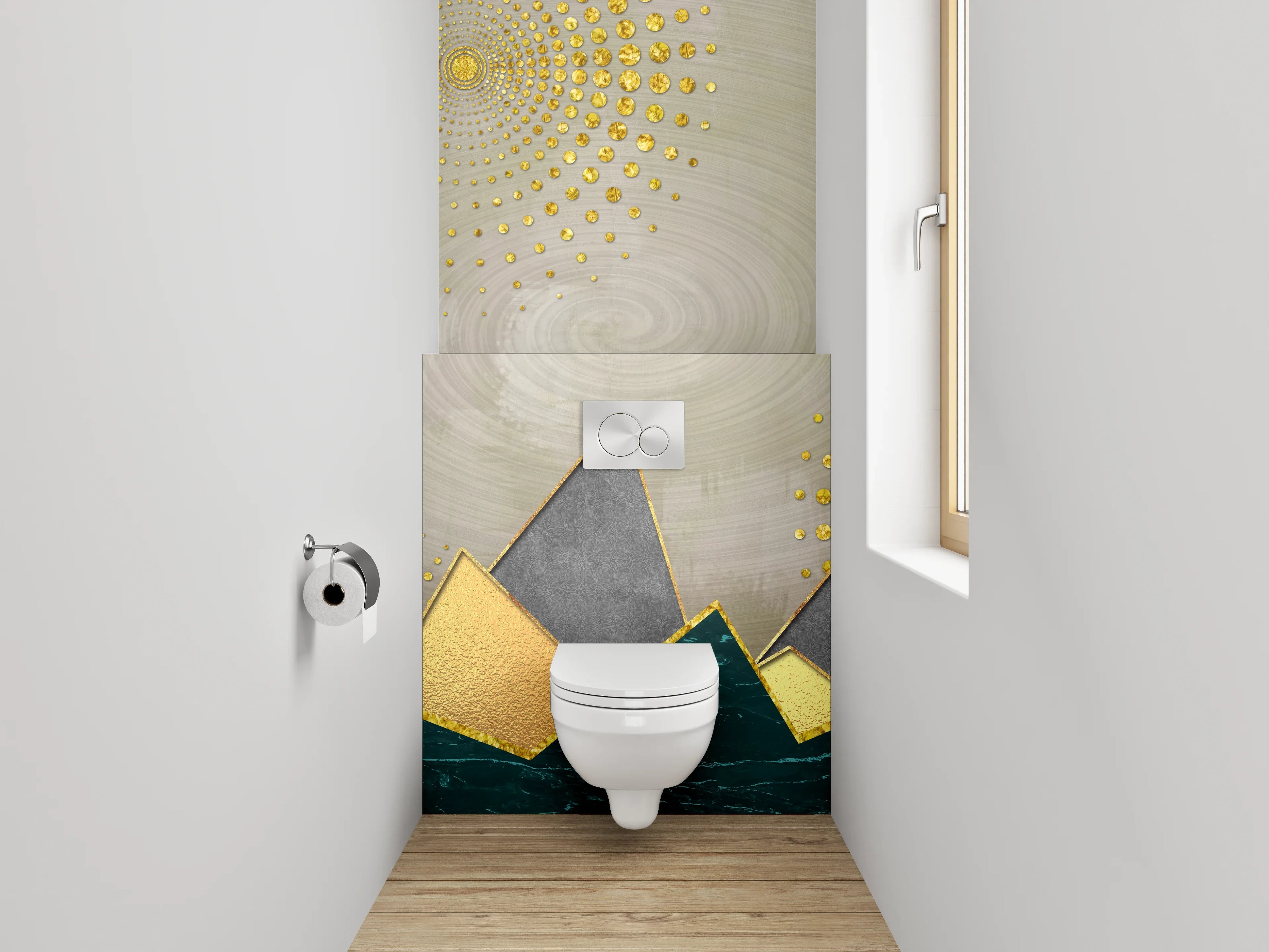 WC-Rückwand - Abstrakte Berge mit goldenen Akzenten