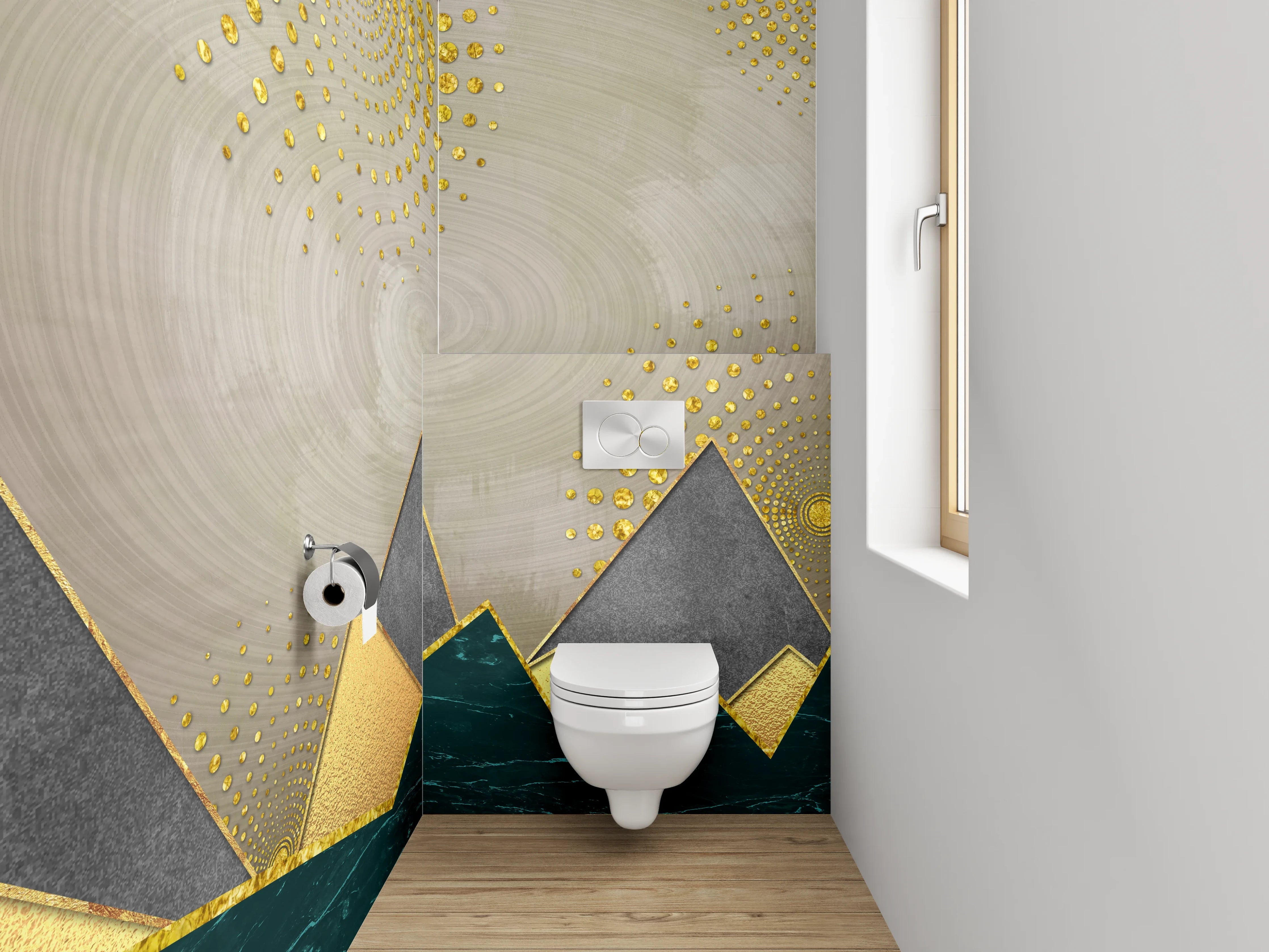 WC-Rückwand - Abstrakte Berge mit goldenen Akzenten
