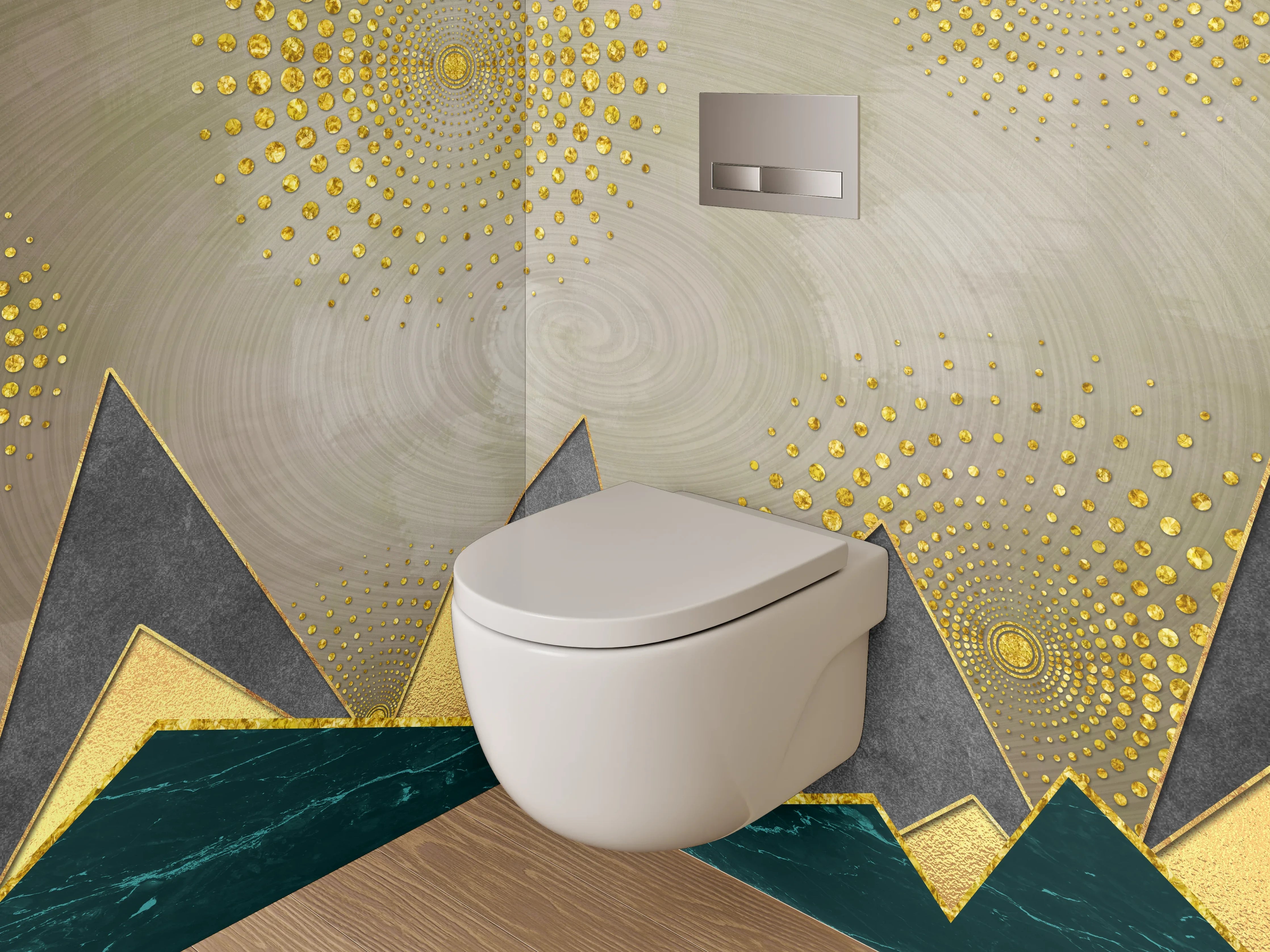 WC-Rückwand - Abstrakte Berge mit goldenen Akzenten