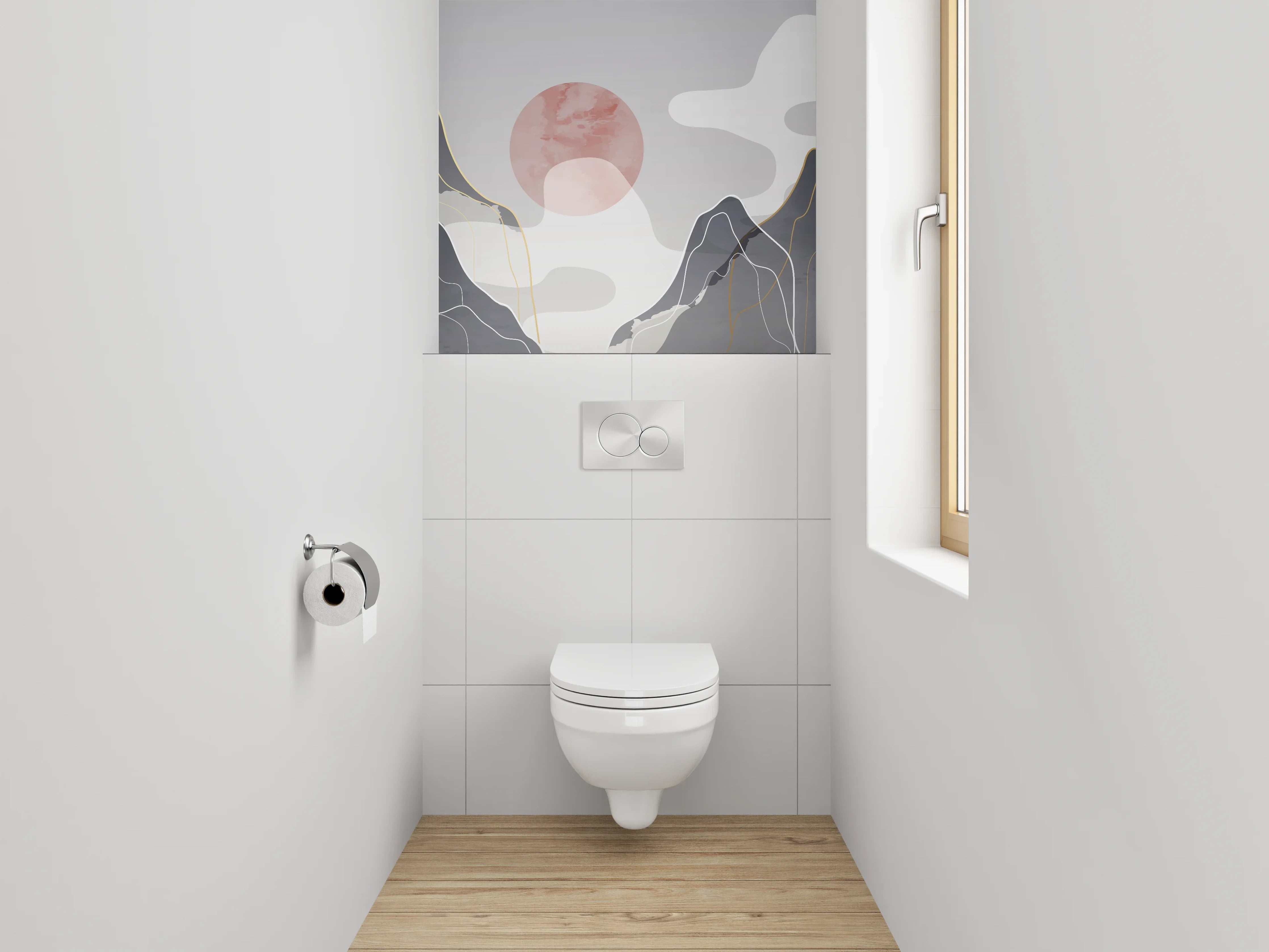 WC-Rückwand - Abstrakte Berge mit roter Sonne