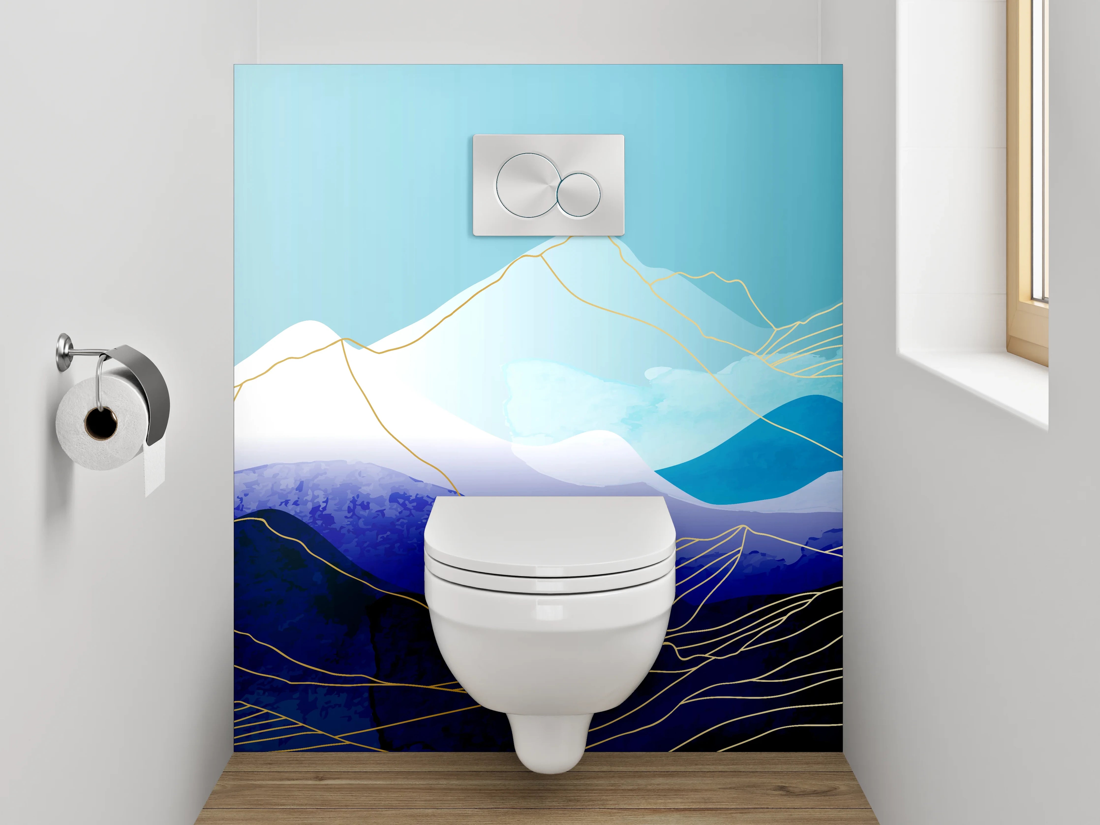 WC-Rückwand - Abstrakte Berglandschaft Aquarell Blau
