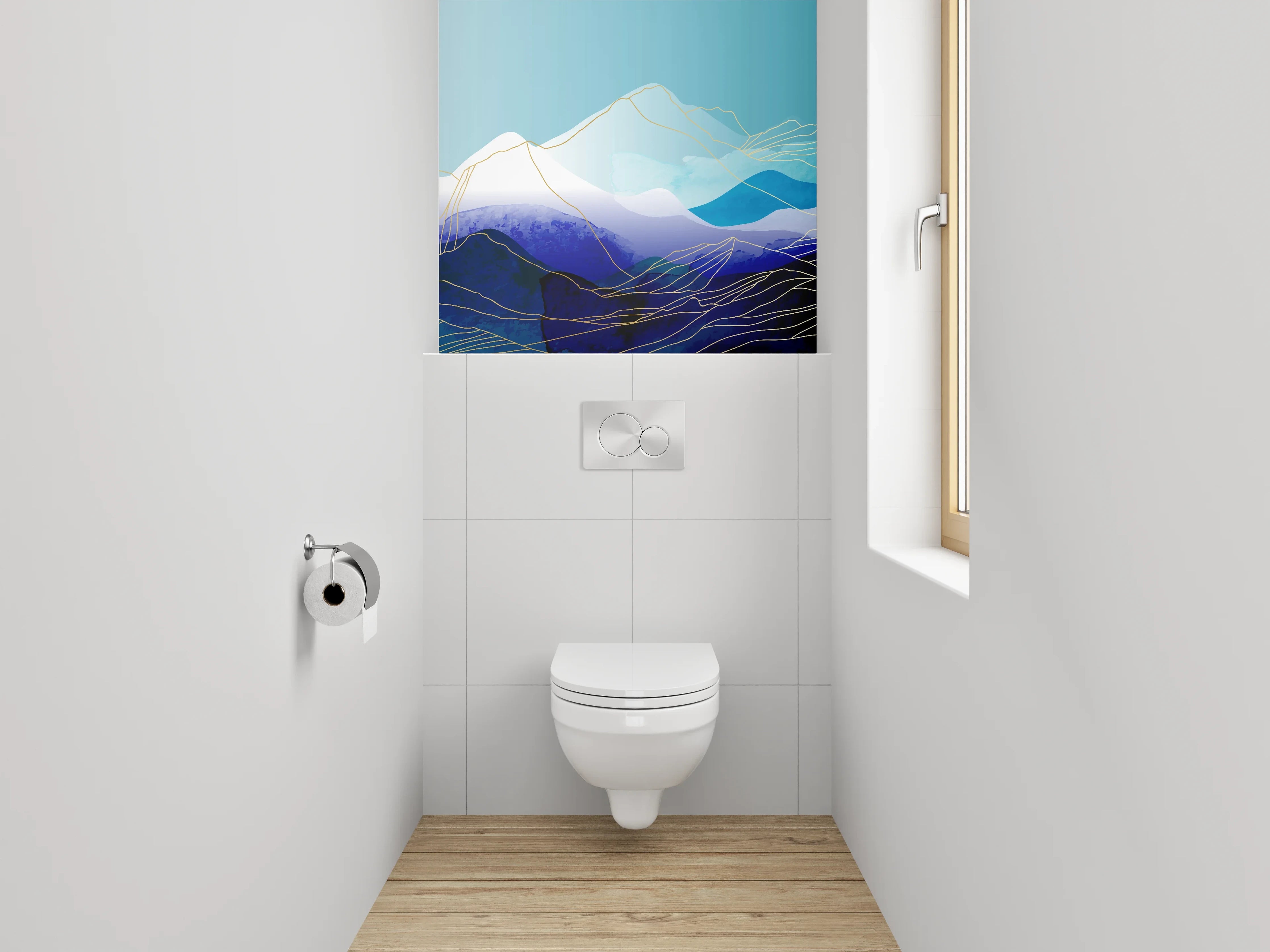 WC-Rückwand - Abstrakte Berglandschaft Aquarell Blau