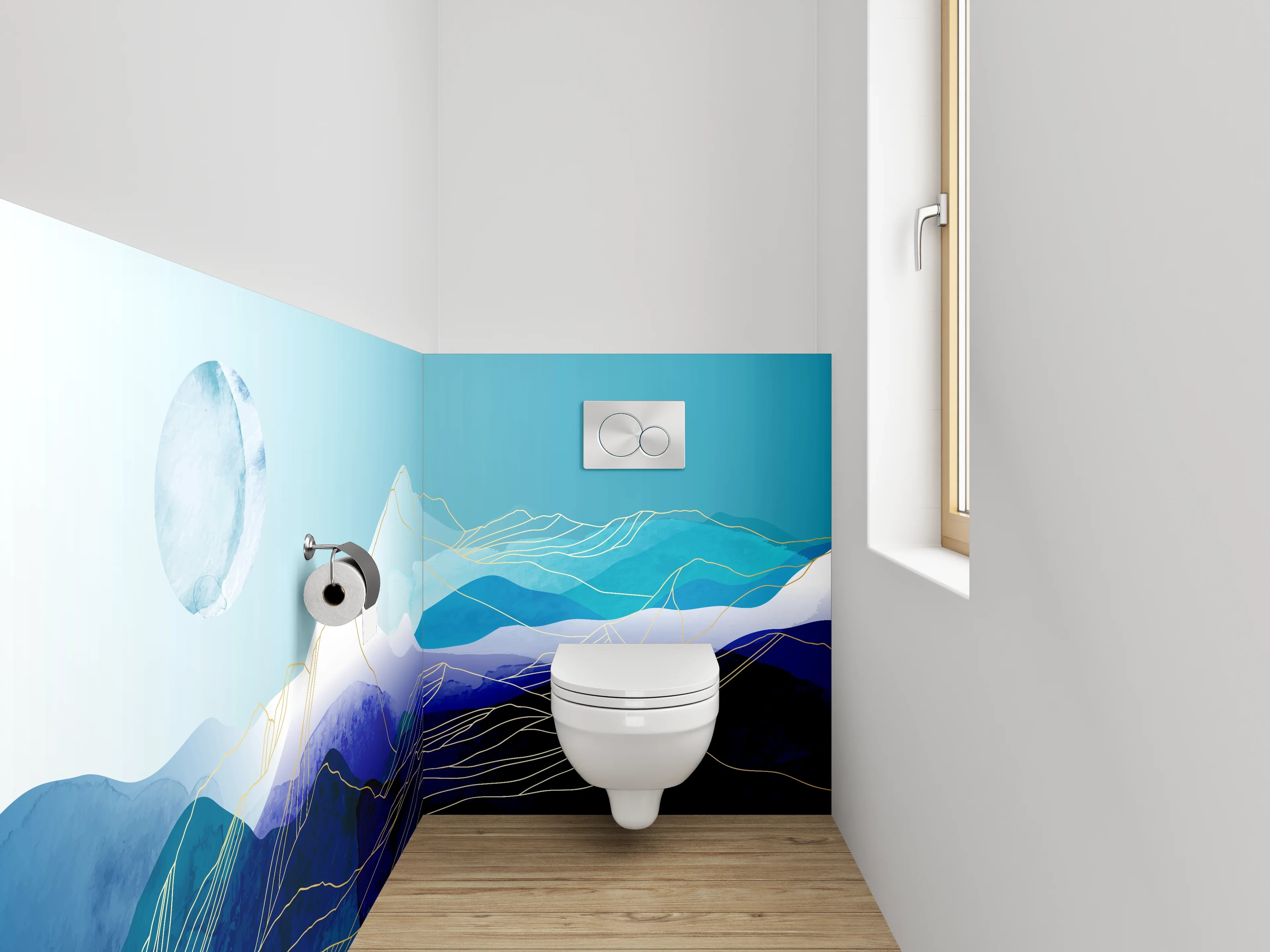 WC-Rückwand - Abstrakte Berglandschaft Aquarell Blau