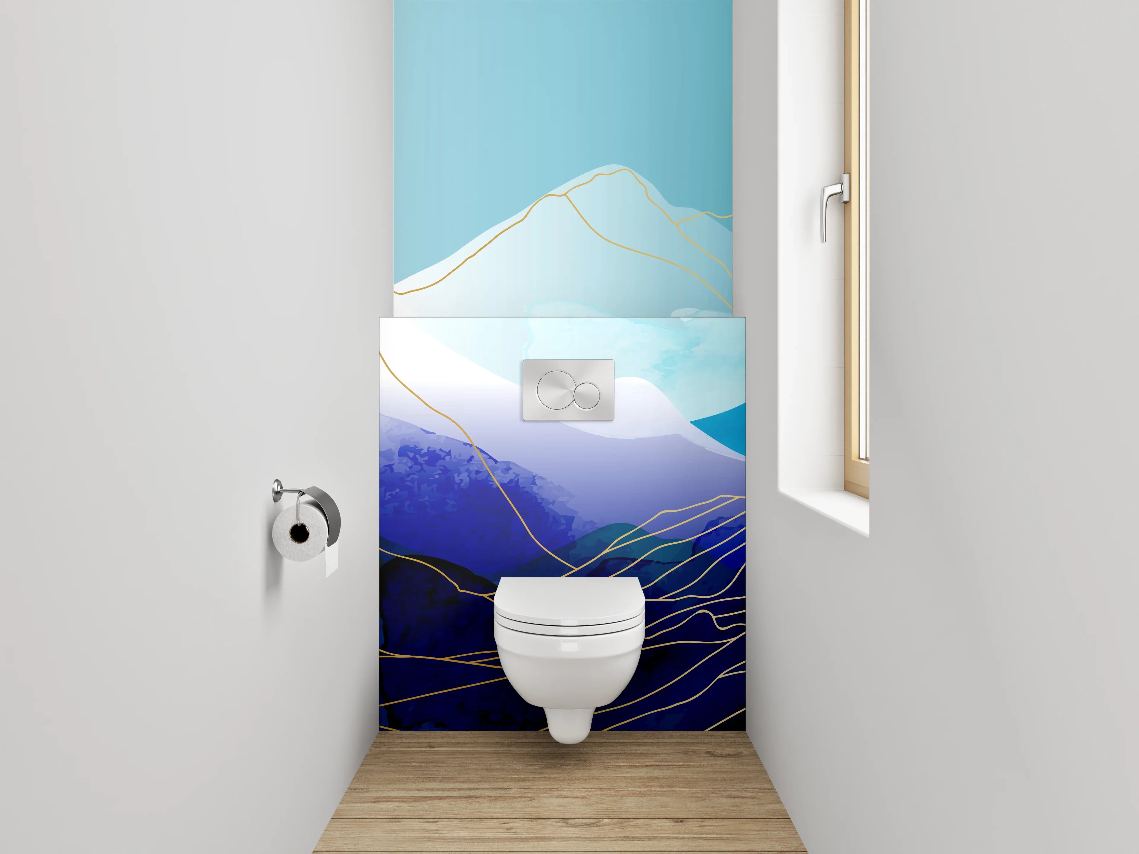 WC-Rückwand - Abstrakte Berglandschaft Aquarell Blau
