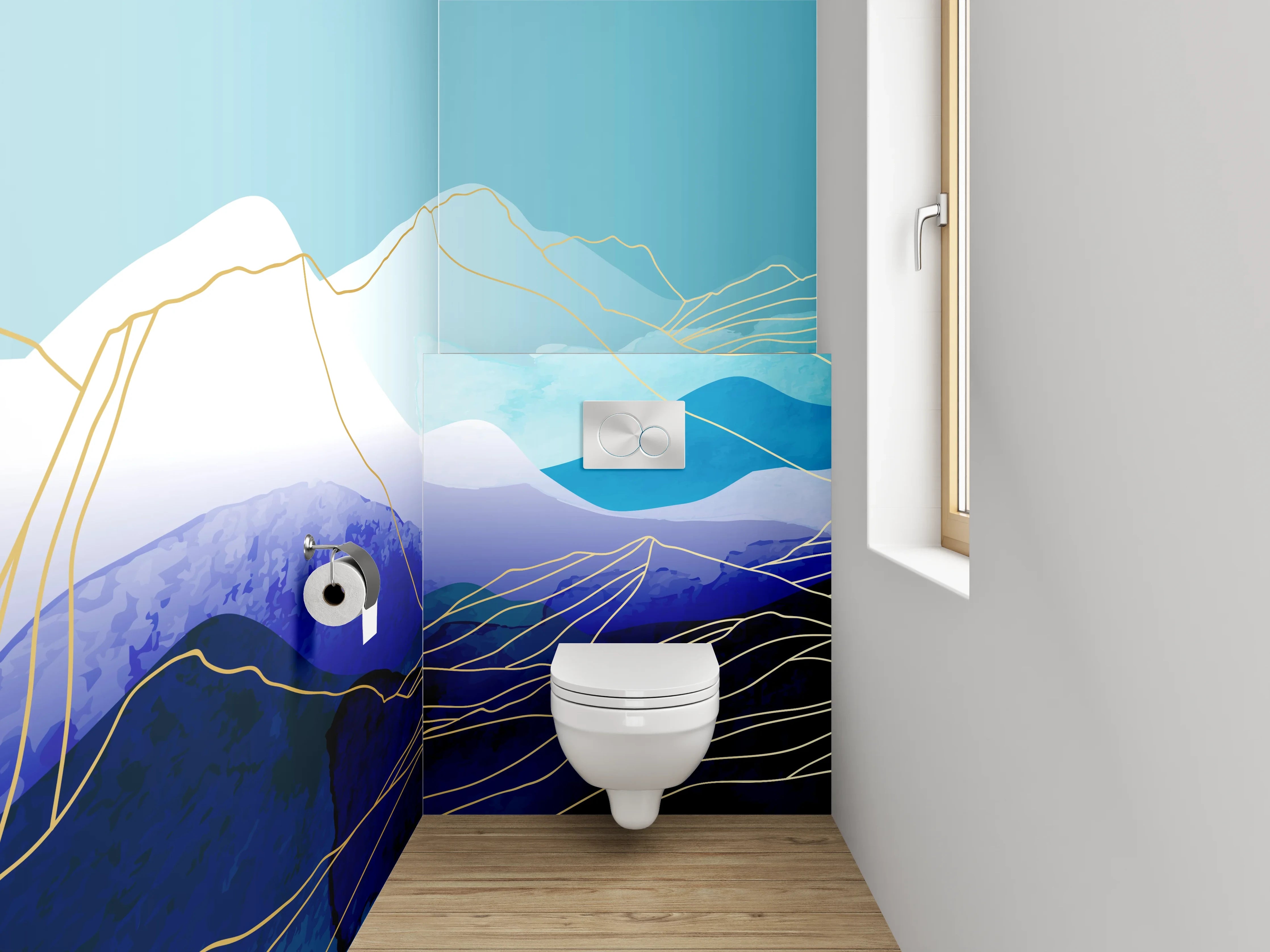 WC-Rückwand - Abstrakte Berglandschaft Aquarell Blau