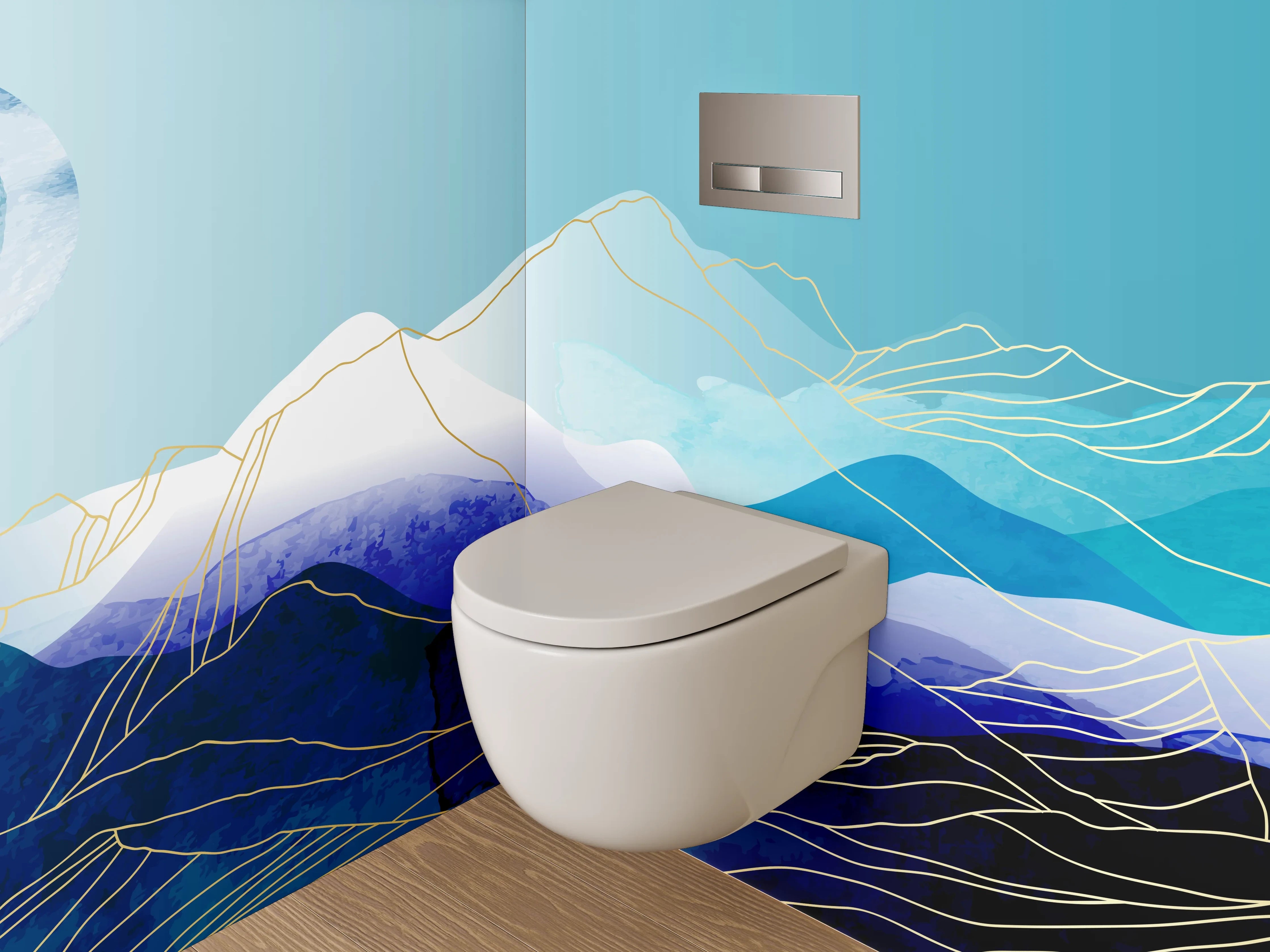 WC-Rückwand - Abstrakte Berglandschaft Aquarell Blau