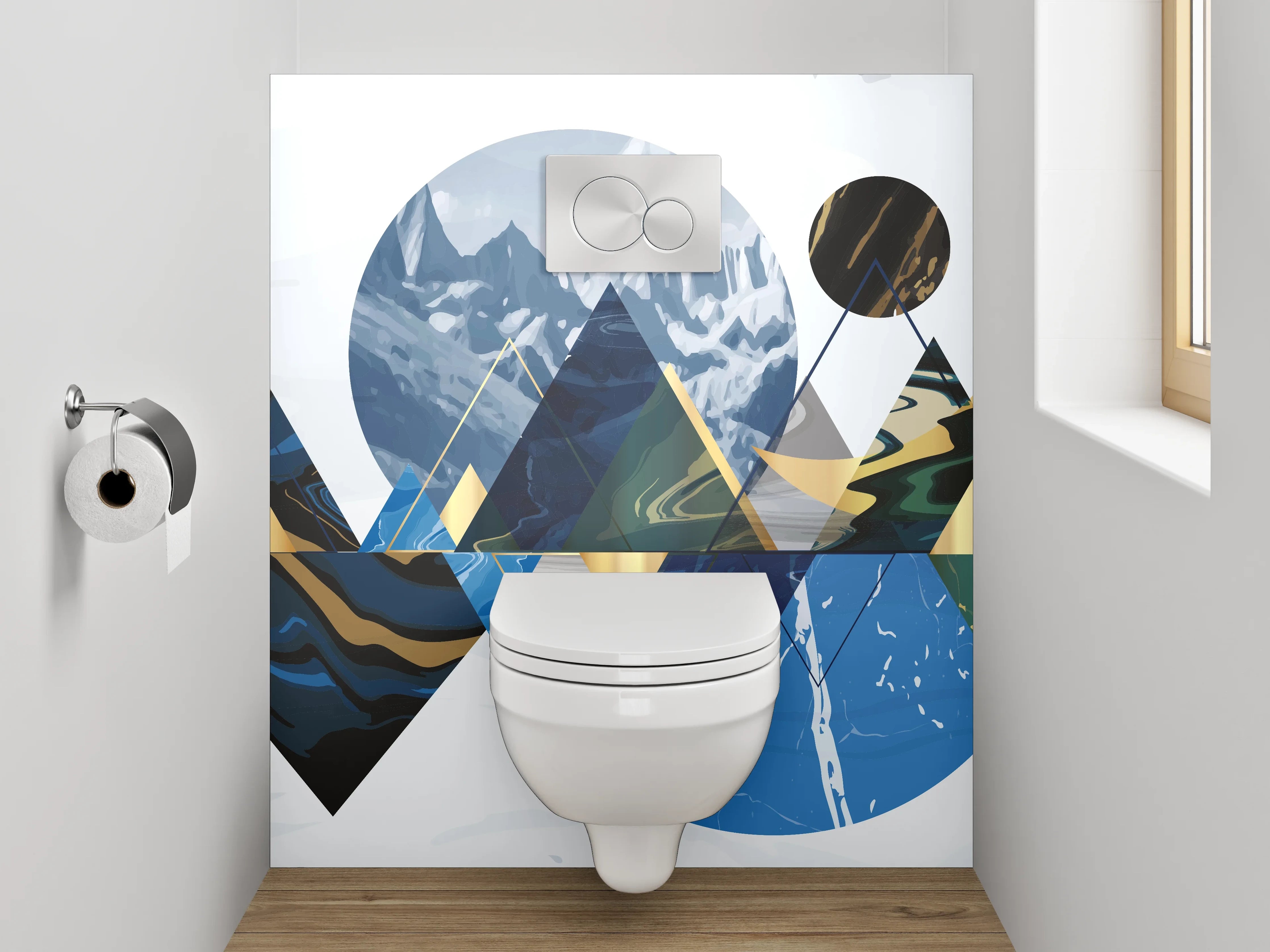 WC-Rückwand - Abstrakte Berglandschaft in Gold und Blau