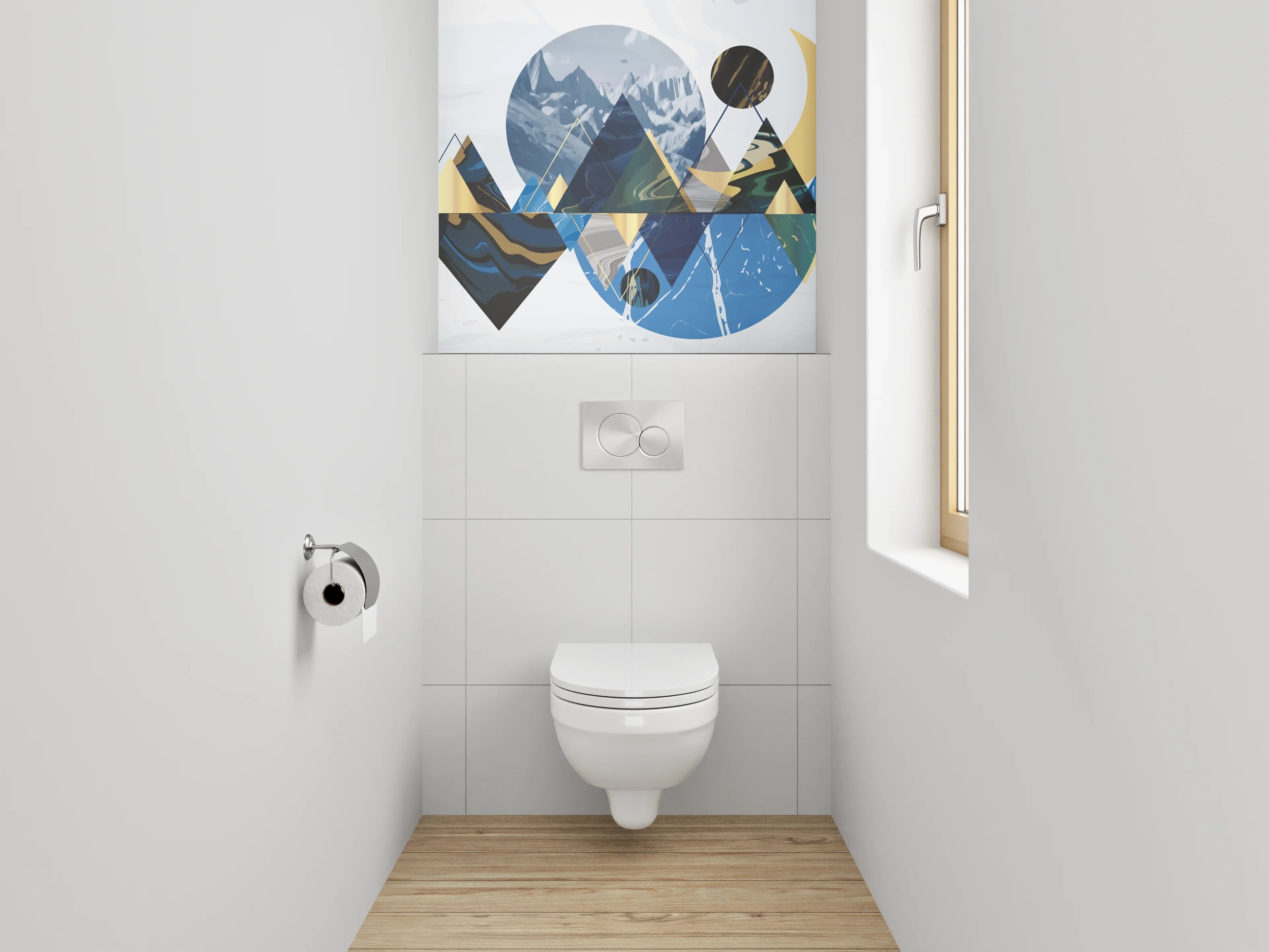 WC-Rückwand - Abstrakte Berglandschaft in Gold und Blau
