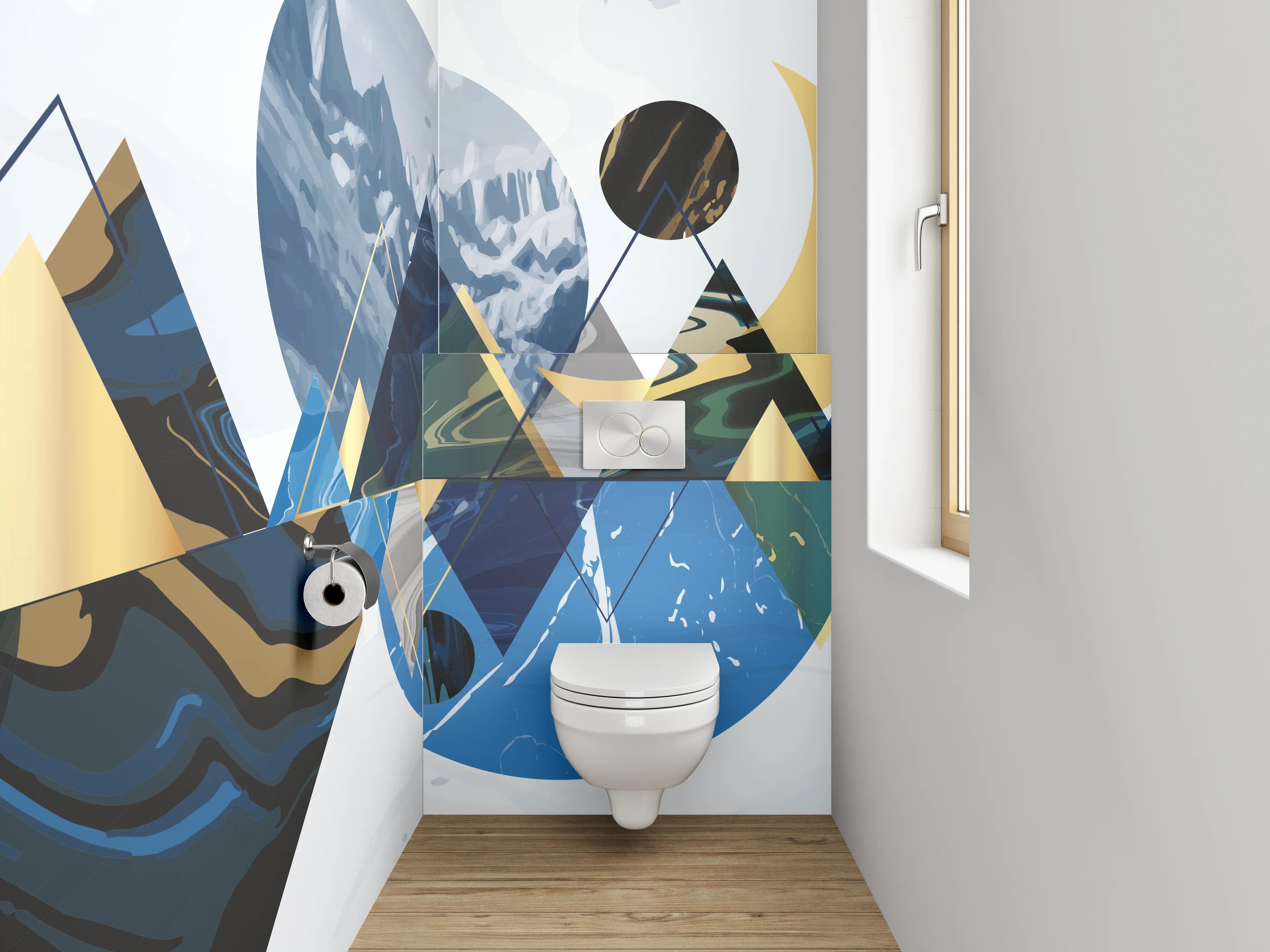 WC-Rückwand - Abstrakte Berglandschaft in Gold und Blau