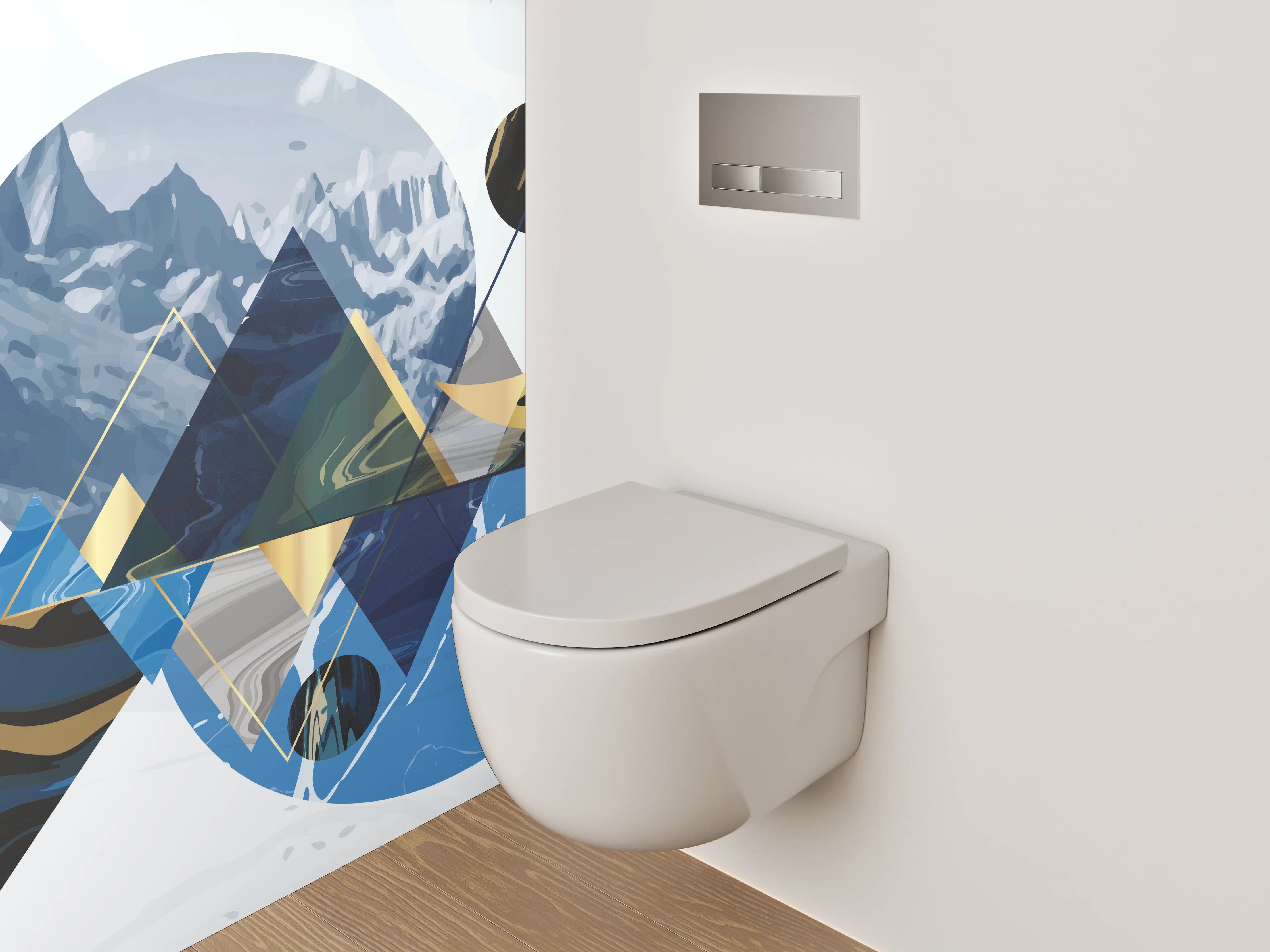 WC-Rückwand - Abstrakte Berglandschaft in Gold und Blau