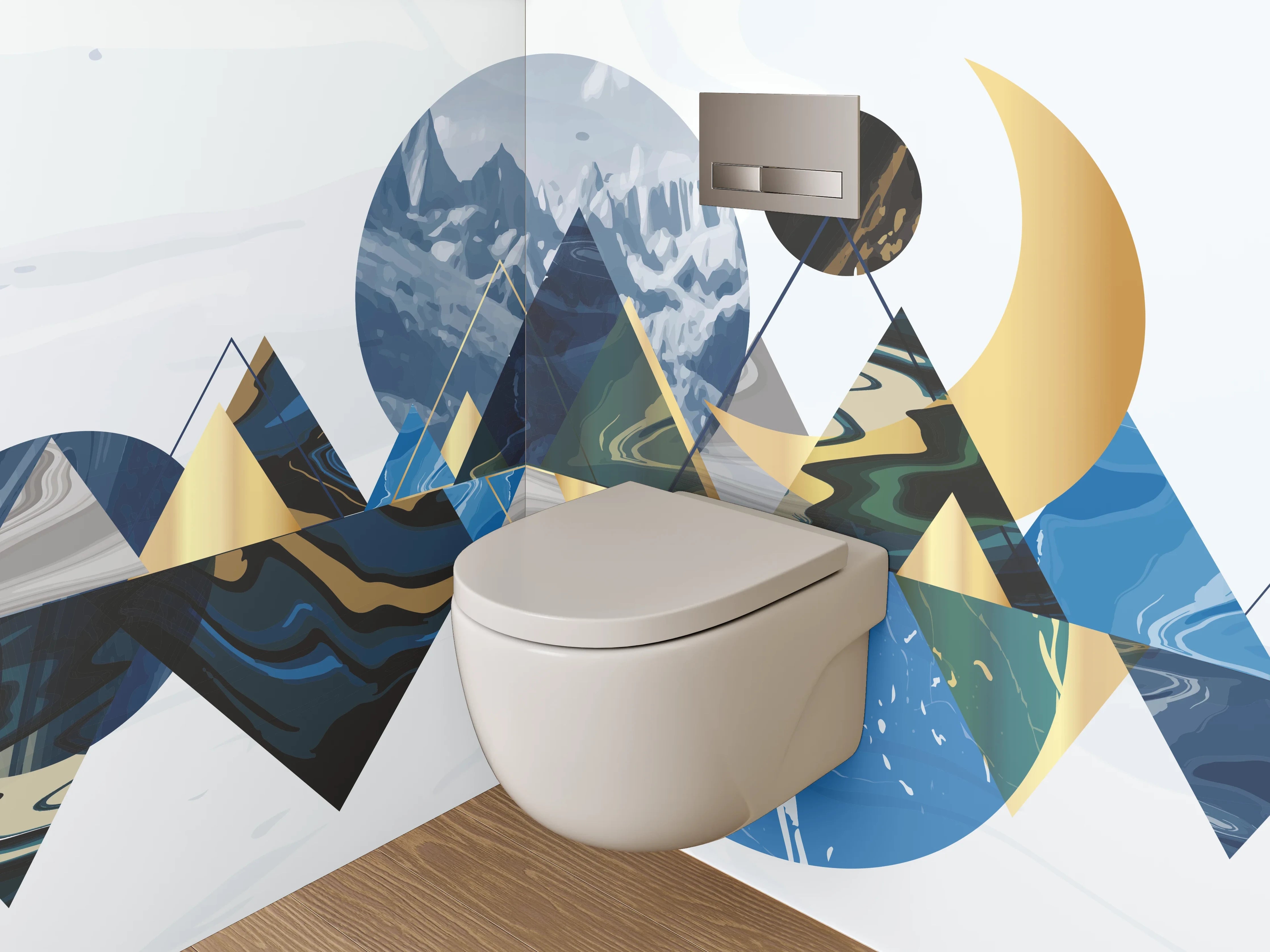 WC-Rückwand - Abstrakte Berglandschaft in Gold und Blau