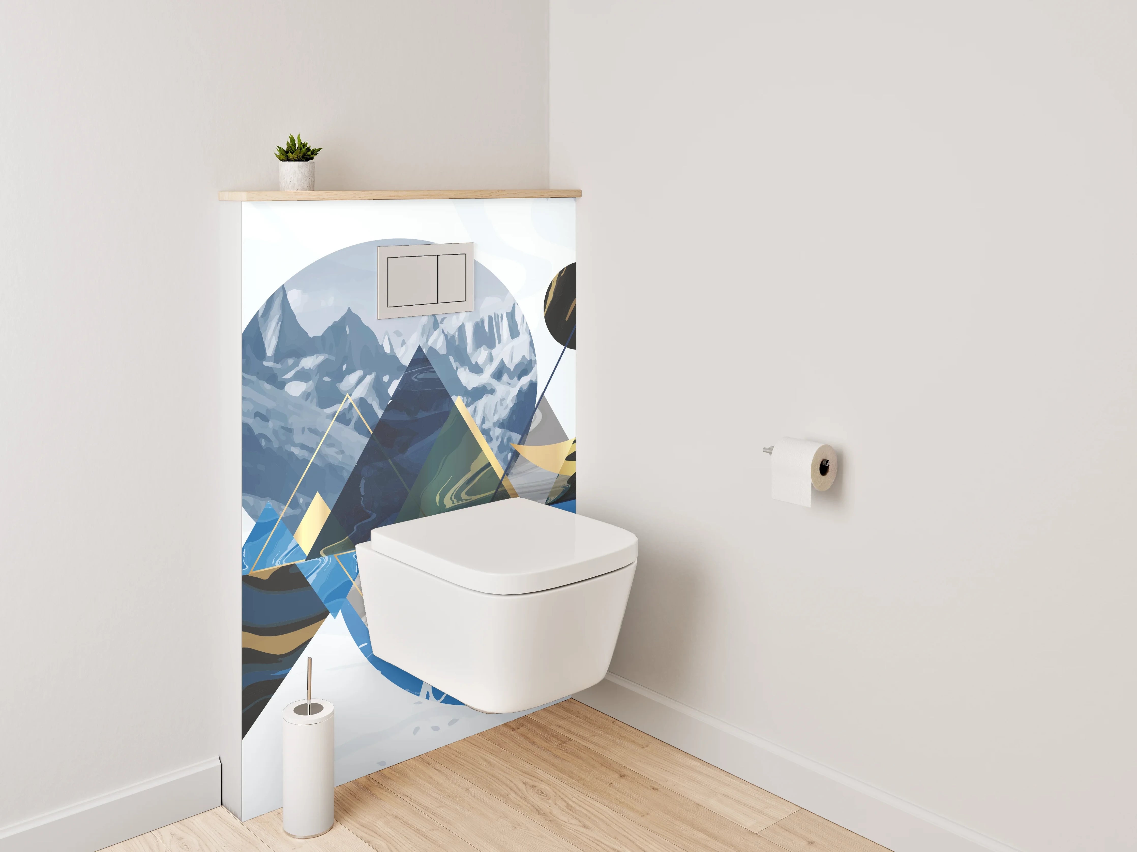 WC-Rückwand - Abstrakte Berglandschaft in Gold und Blau