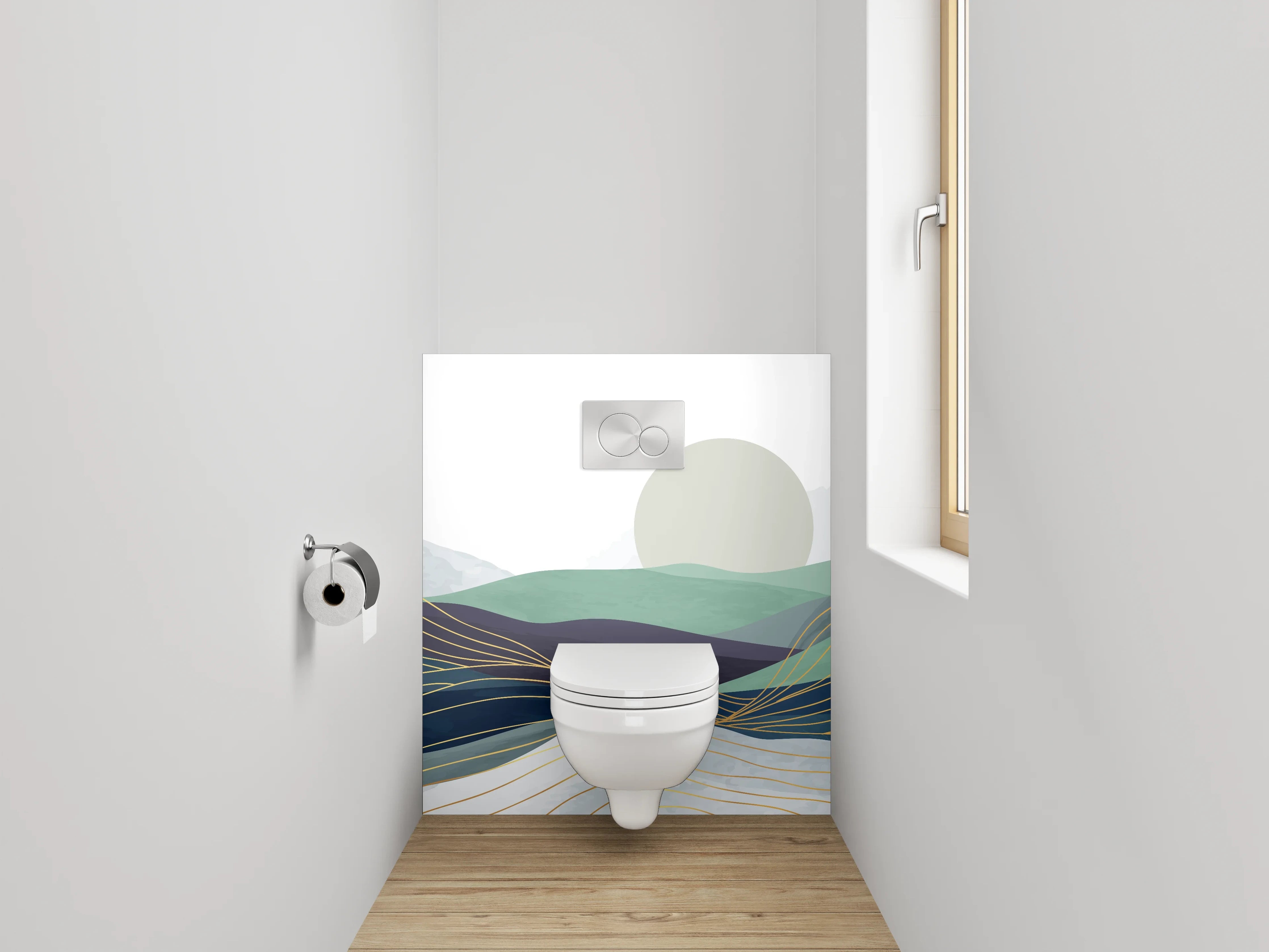 WC-Rückwand - Abstrakte Berglandschaft in Grün und Blau