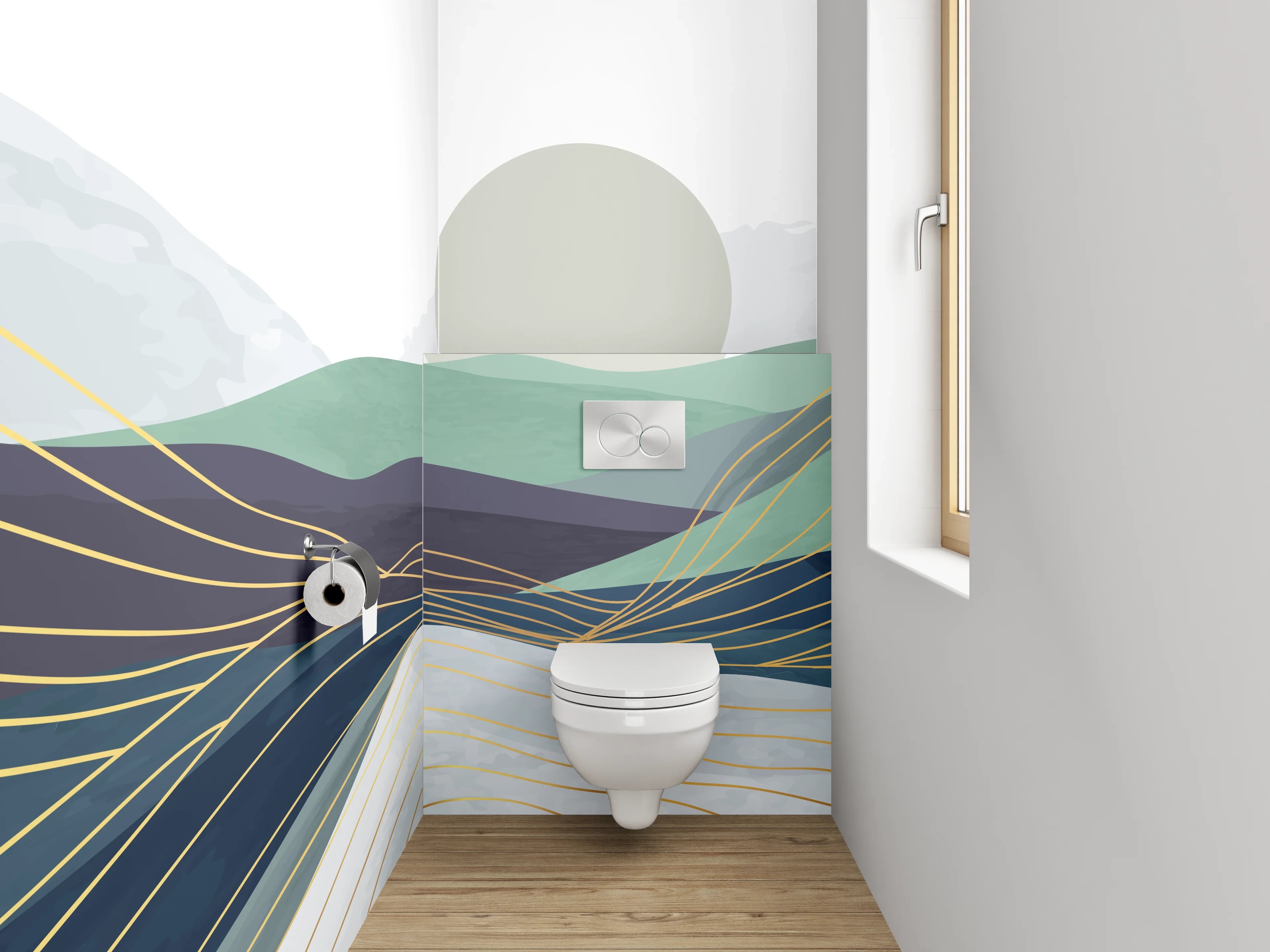 WC-Rückwand - Abstrakte Berglandschaft in Grün und Blau