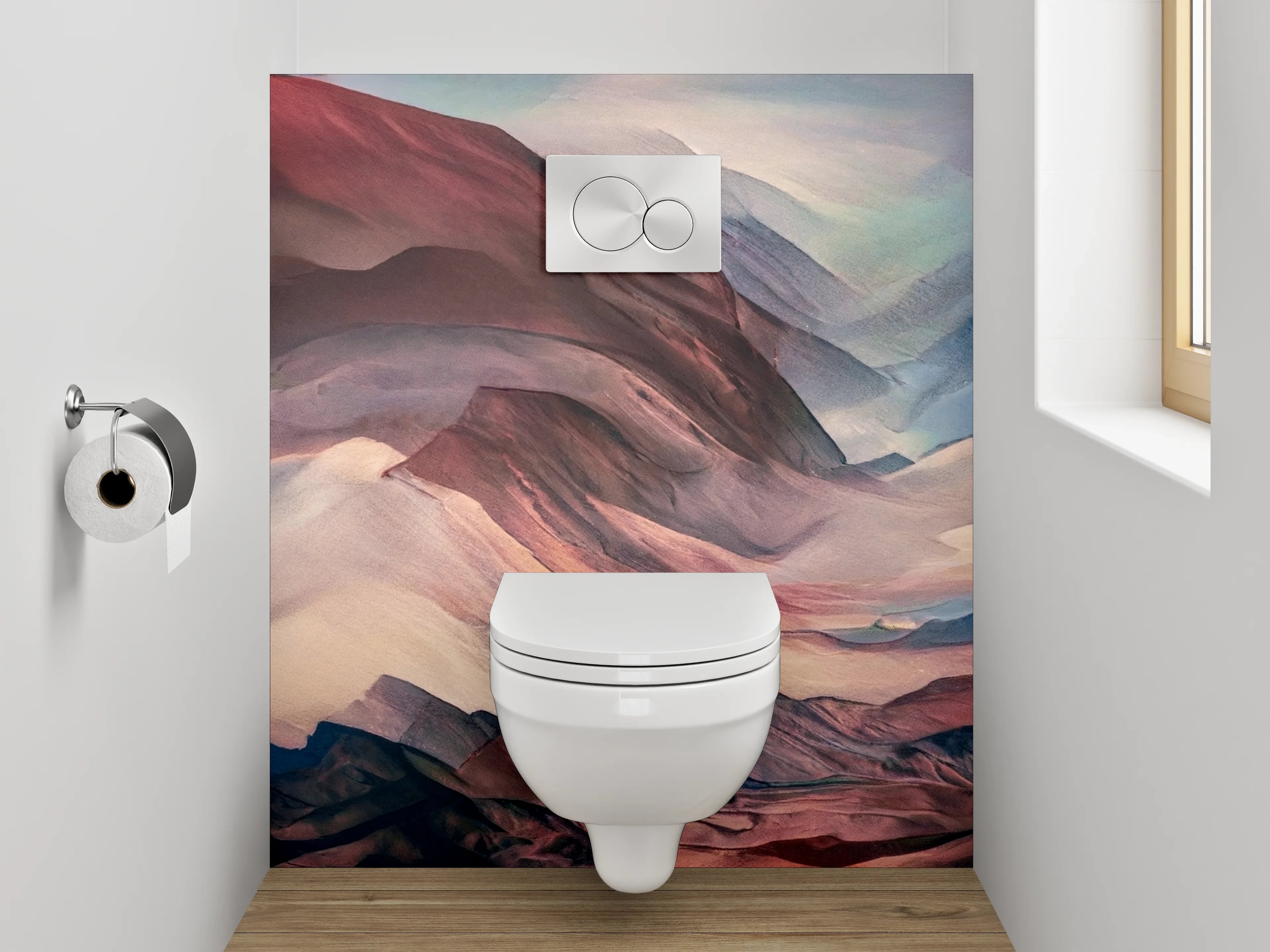 WC-Rückwand - Abstrakte Berglandschaft in Rot und Blau