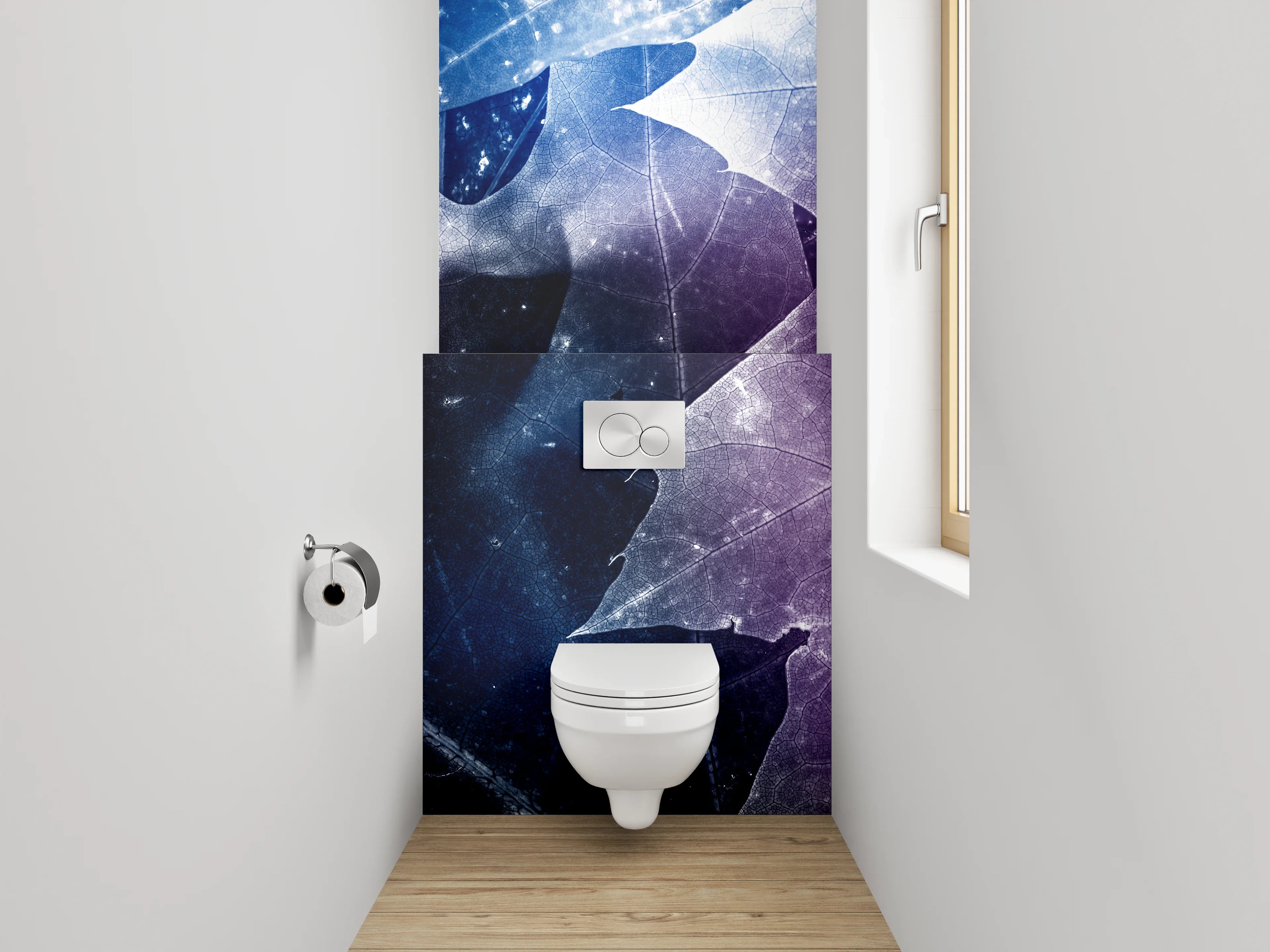 WC-Rückwand - Abstrakte Blätter in Blau und Lila