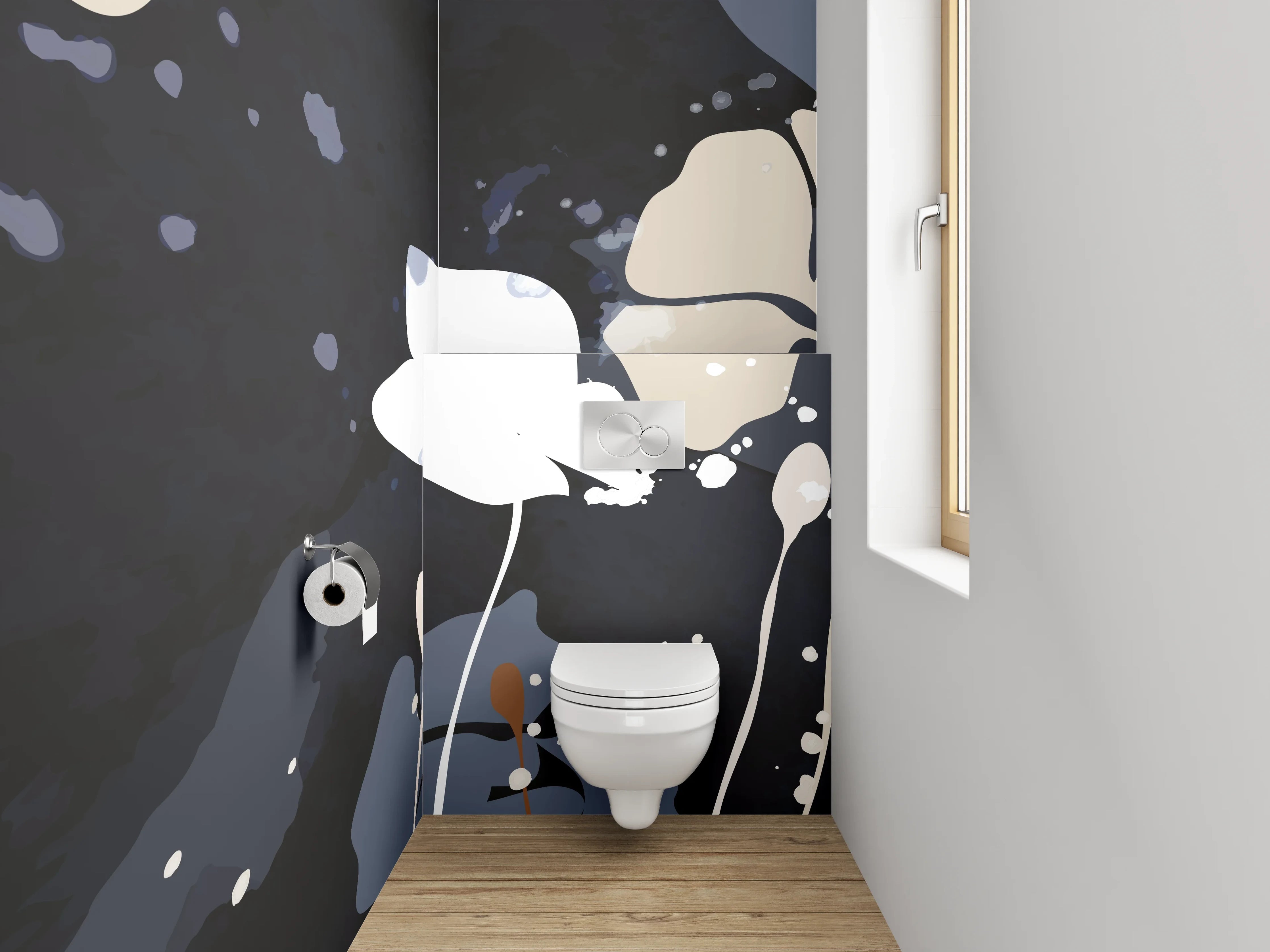 WC-Rückwand - Abstrakte Blumen auf dunklem Hintergrund