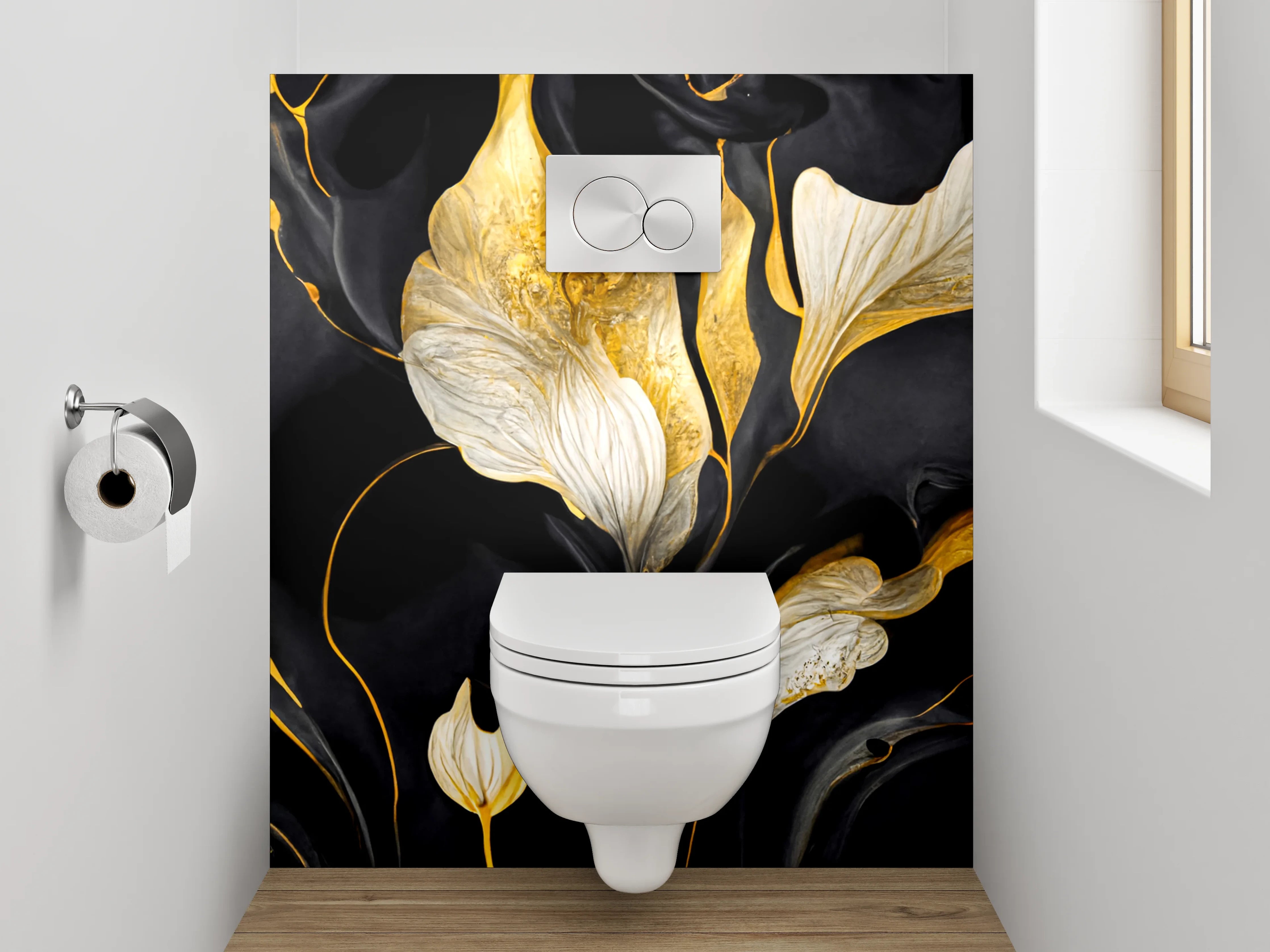 WC-Rückwand - Abstrakte Blumen in Gold und Schwarz