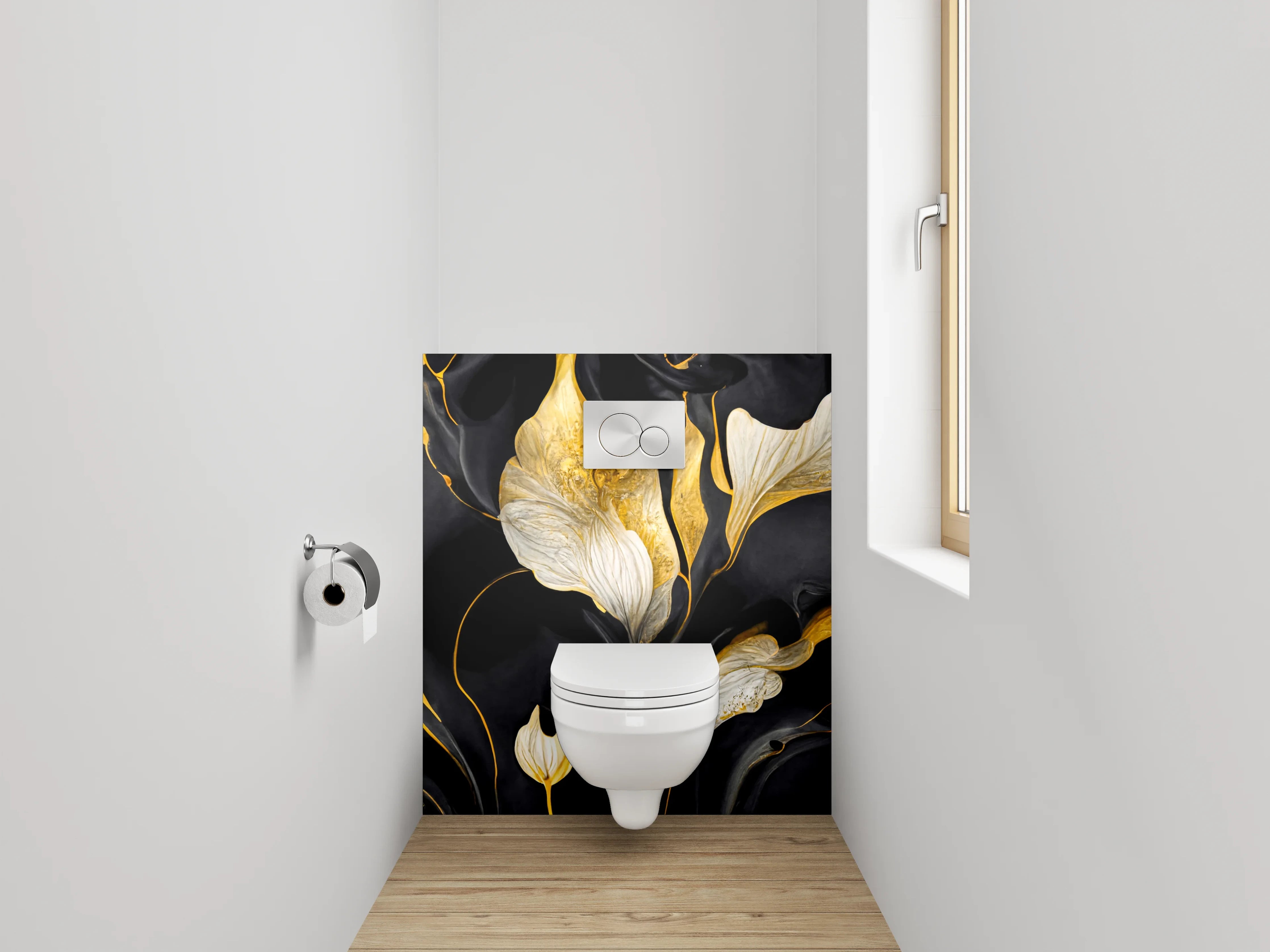 WC-Rückwand - Abstrakte Blumen in Gold und Schwarz