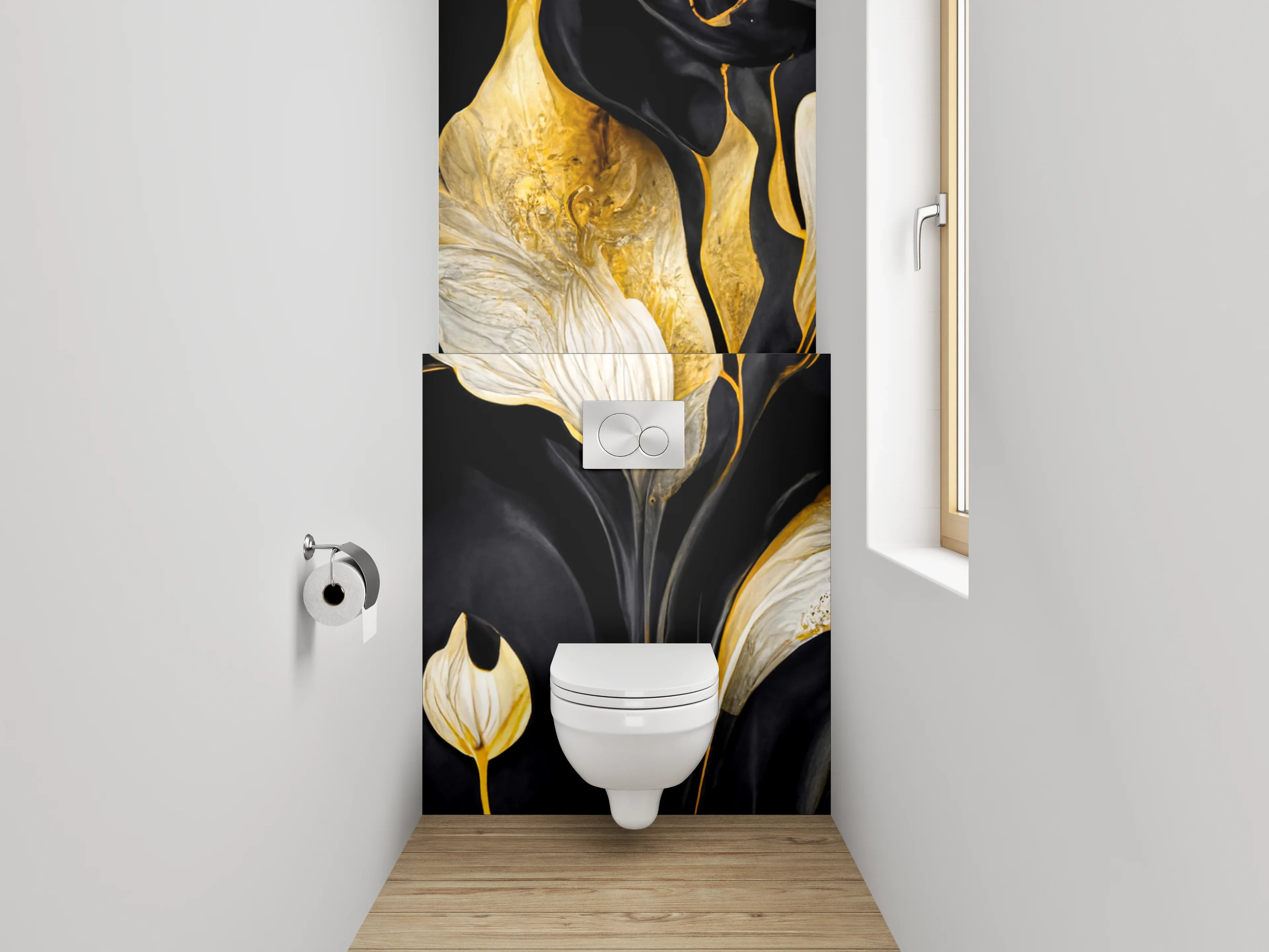 WC-Rückwand - Abstrakte Blumen in Gold und Schwarz