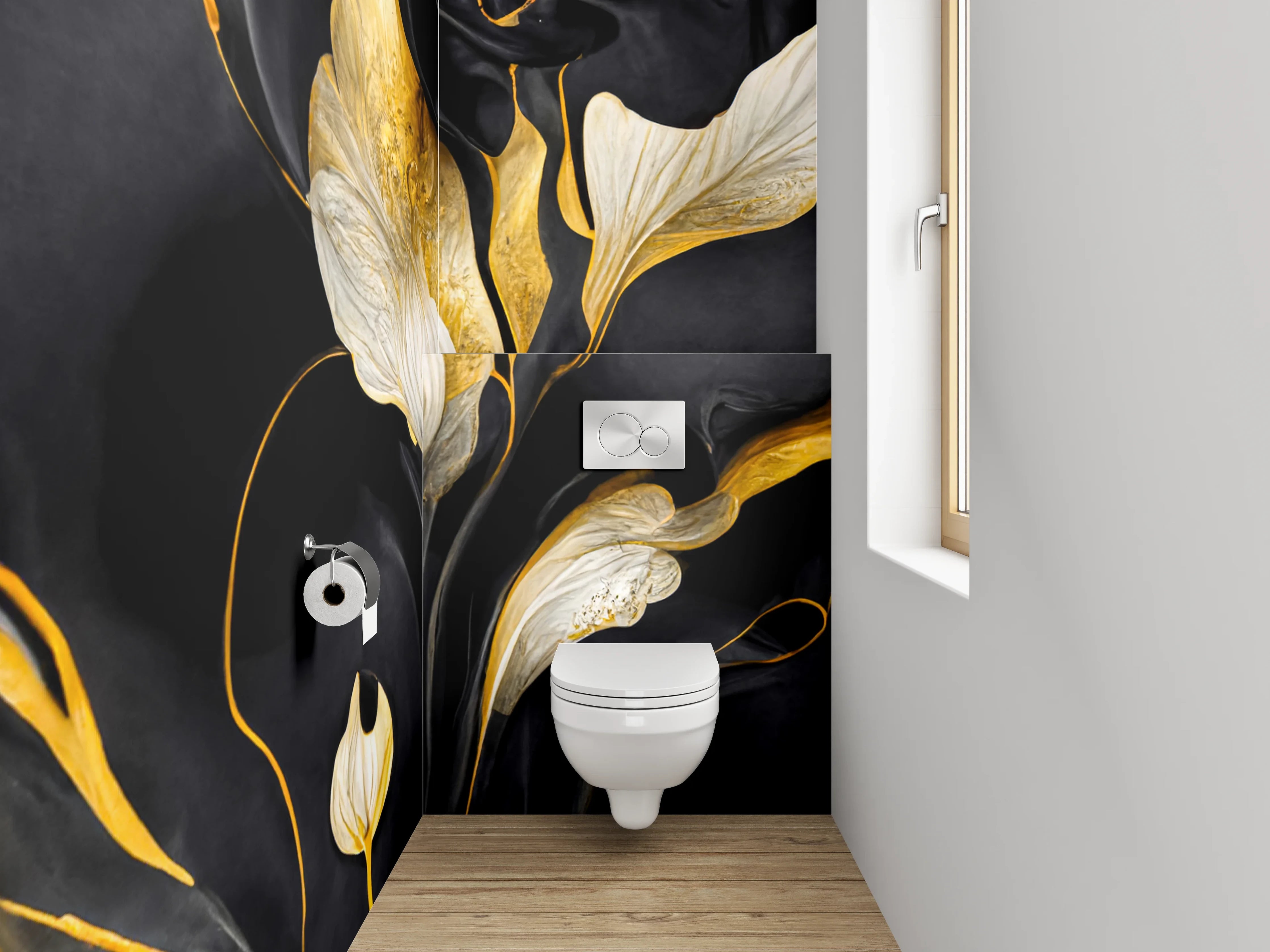 WC-Rückwand - Abstrakte Blumen in Gold und Schwarz