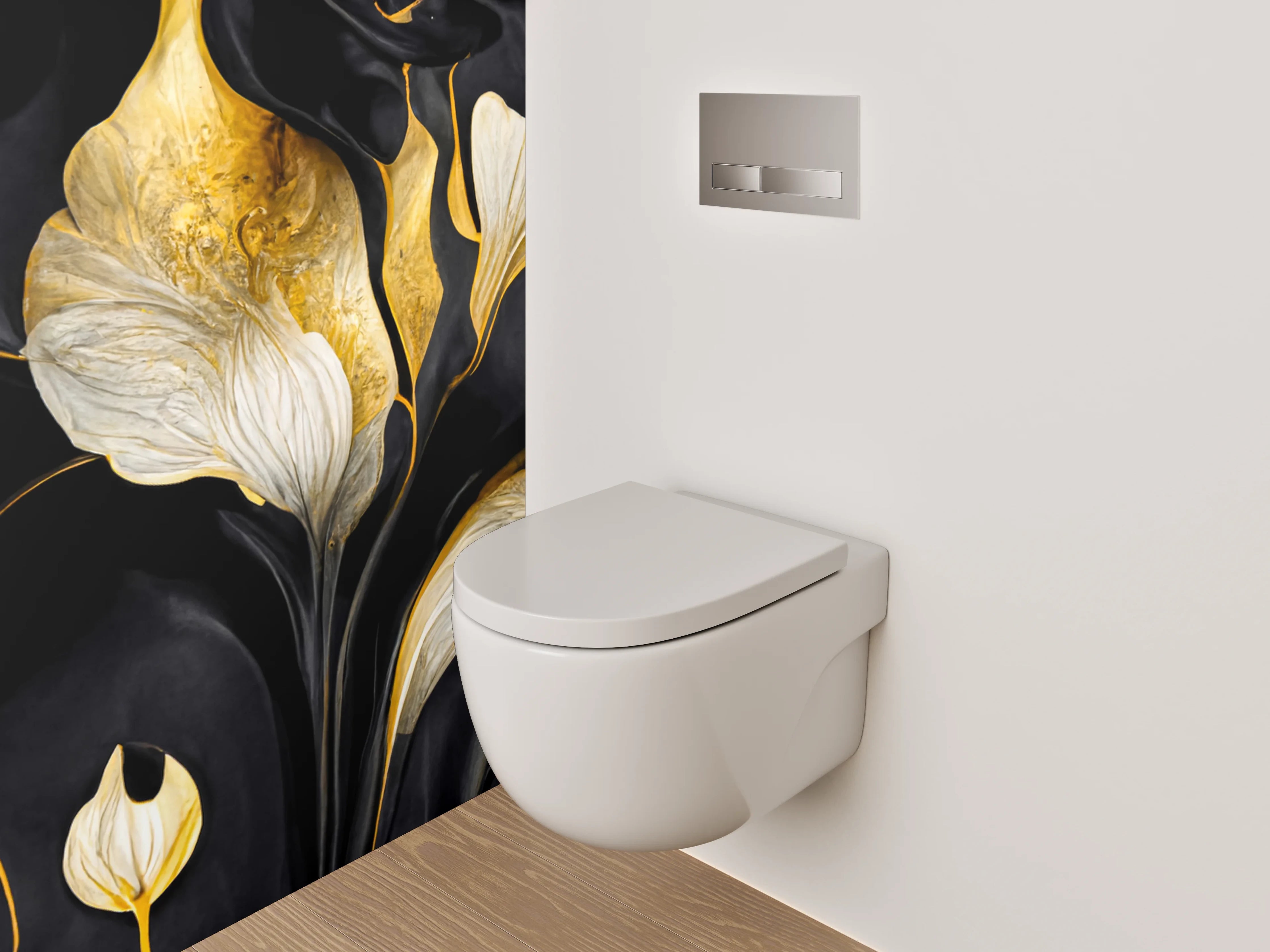 WC-Rückwand - Abstrakte Blumen in Gold und Schwarz