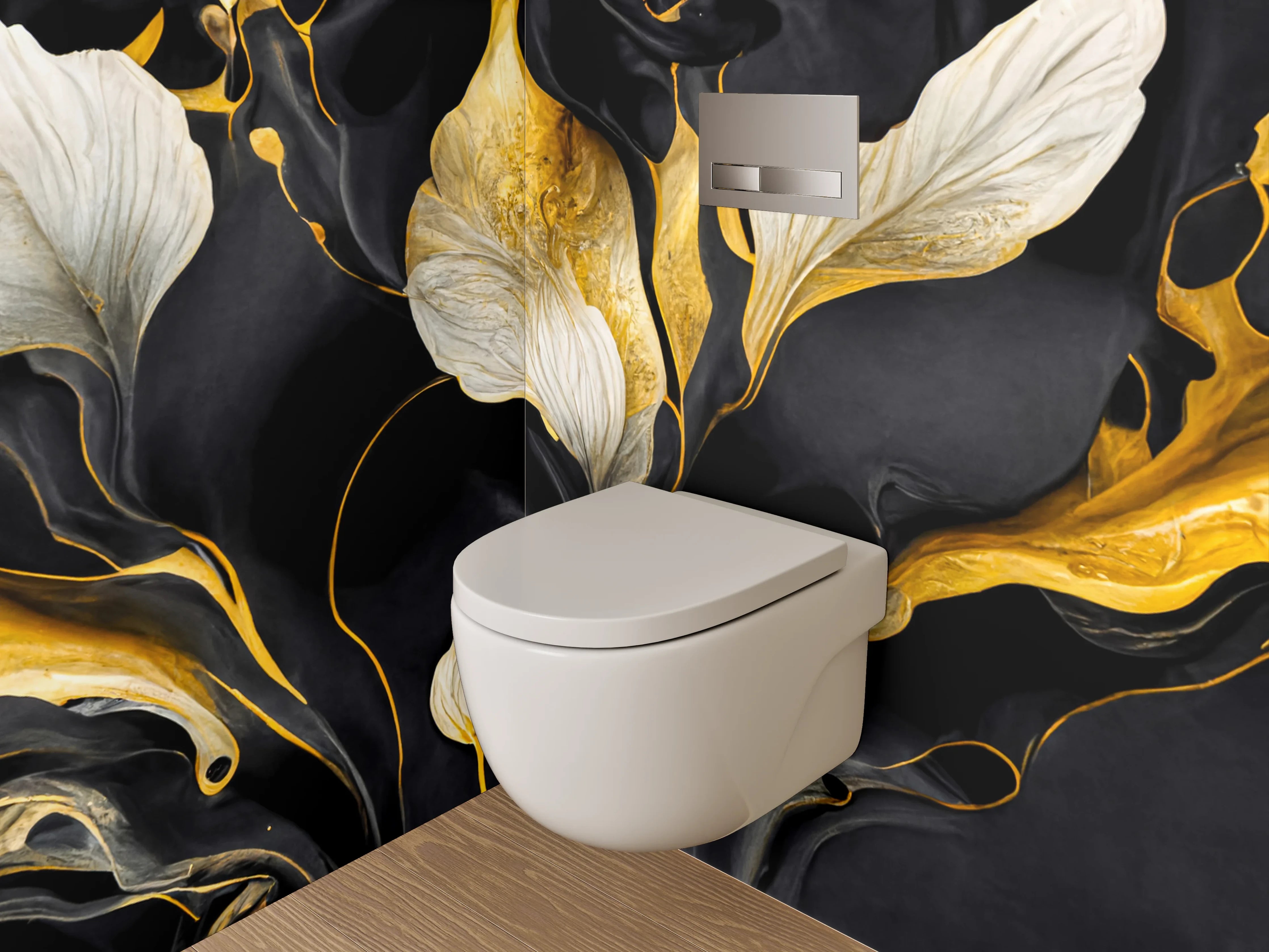 WC-Rückwand - Abstrakte Blumen in Gold und Schwarz