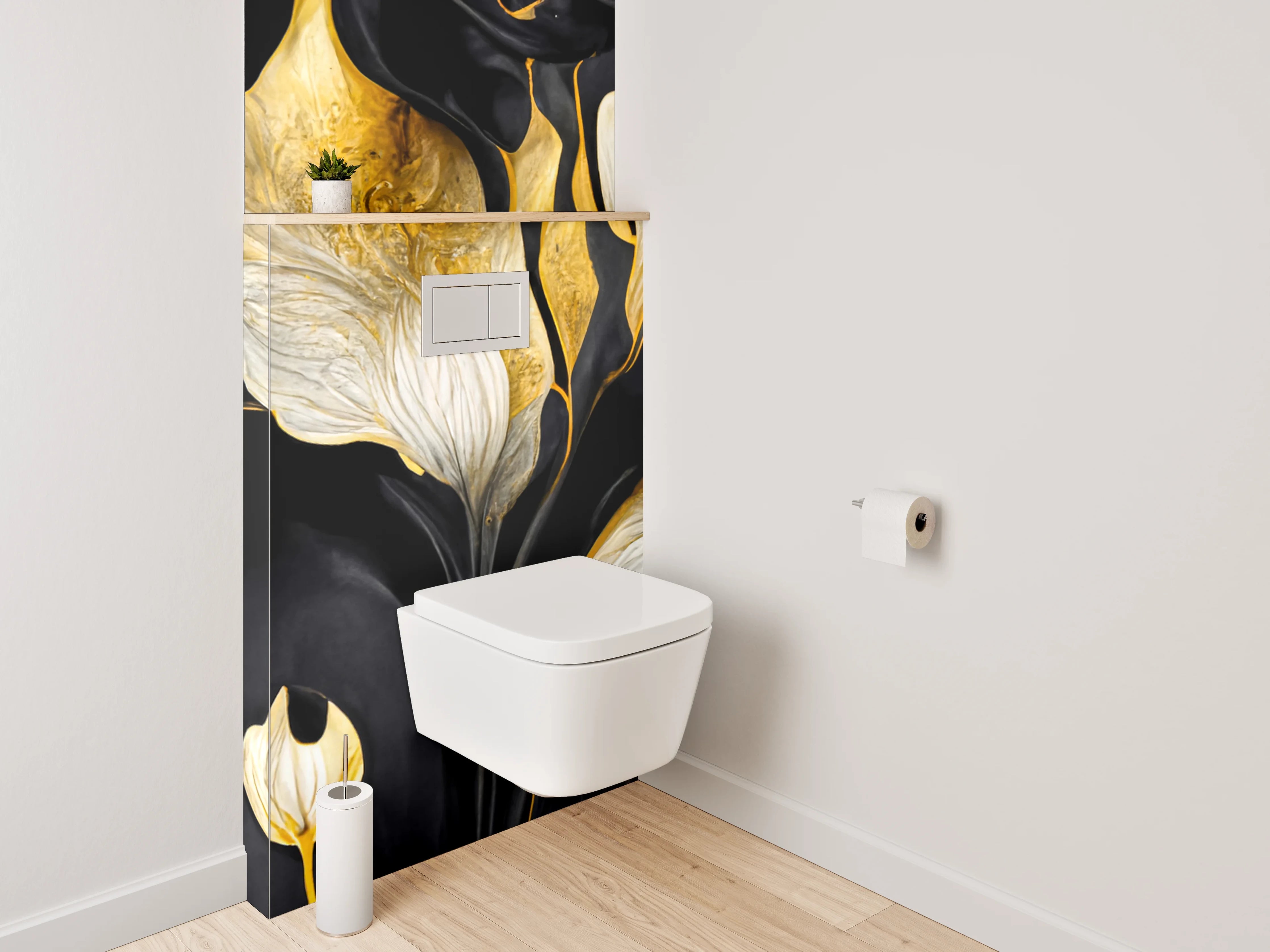 WC-Rückwand - Abstrakte Blumen in Gold und Schwarz