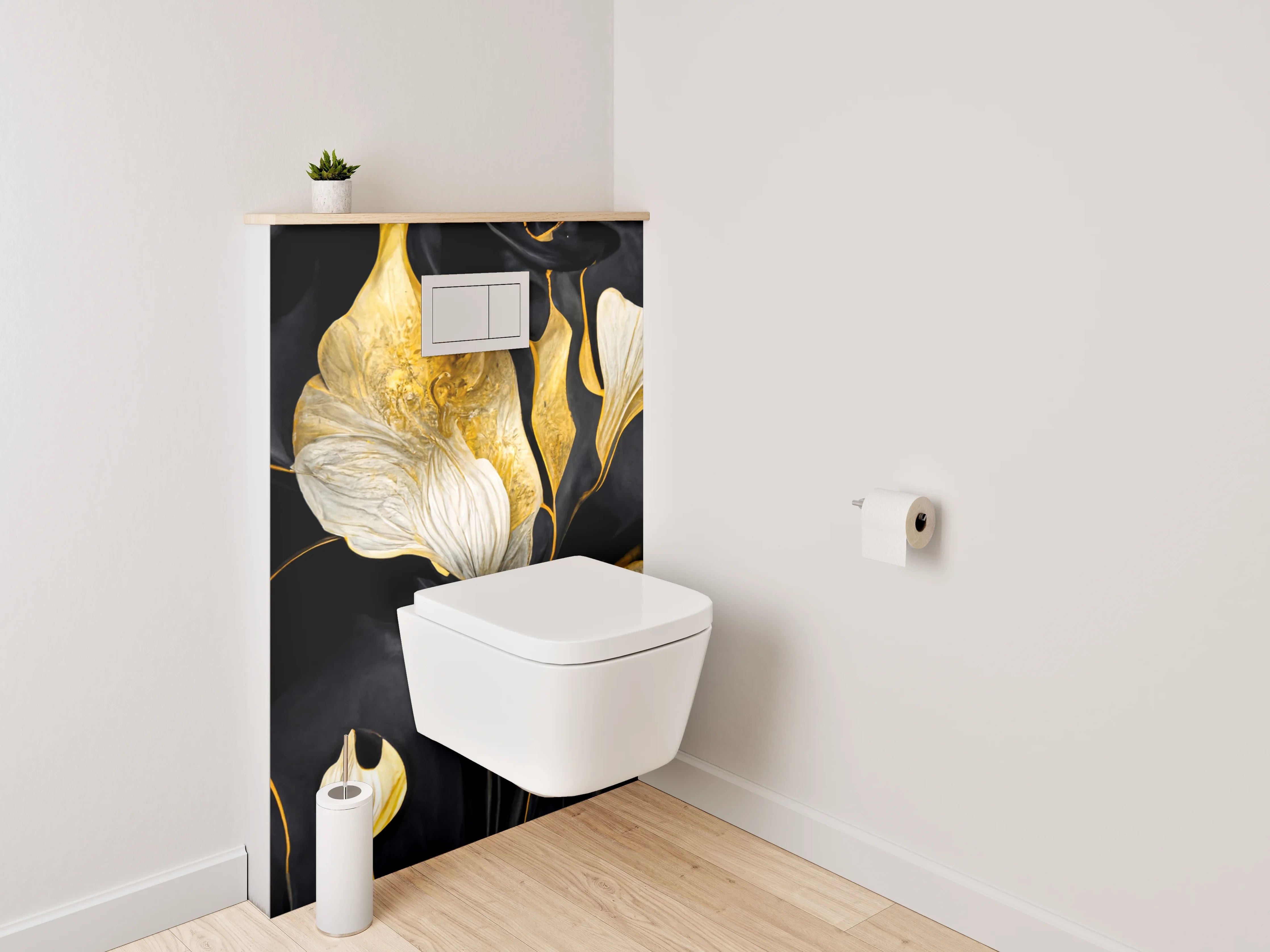 WC-Rückwand - Abstrakte Blumen in Gold und Schwarz