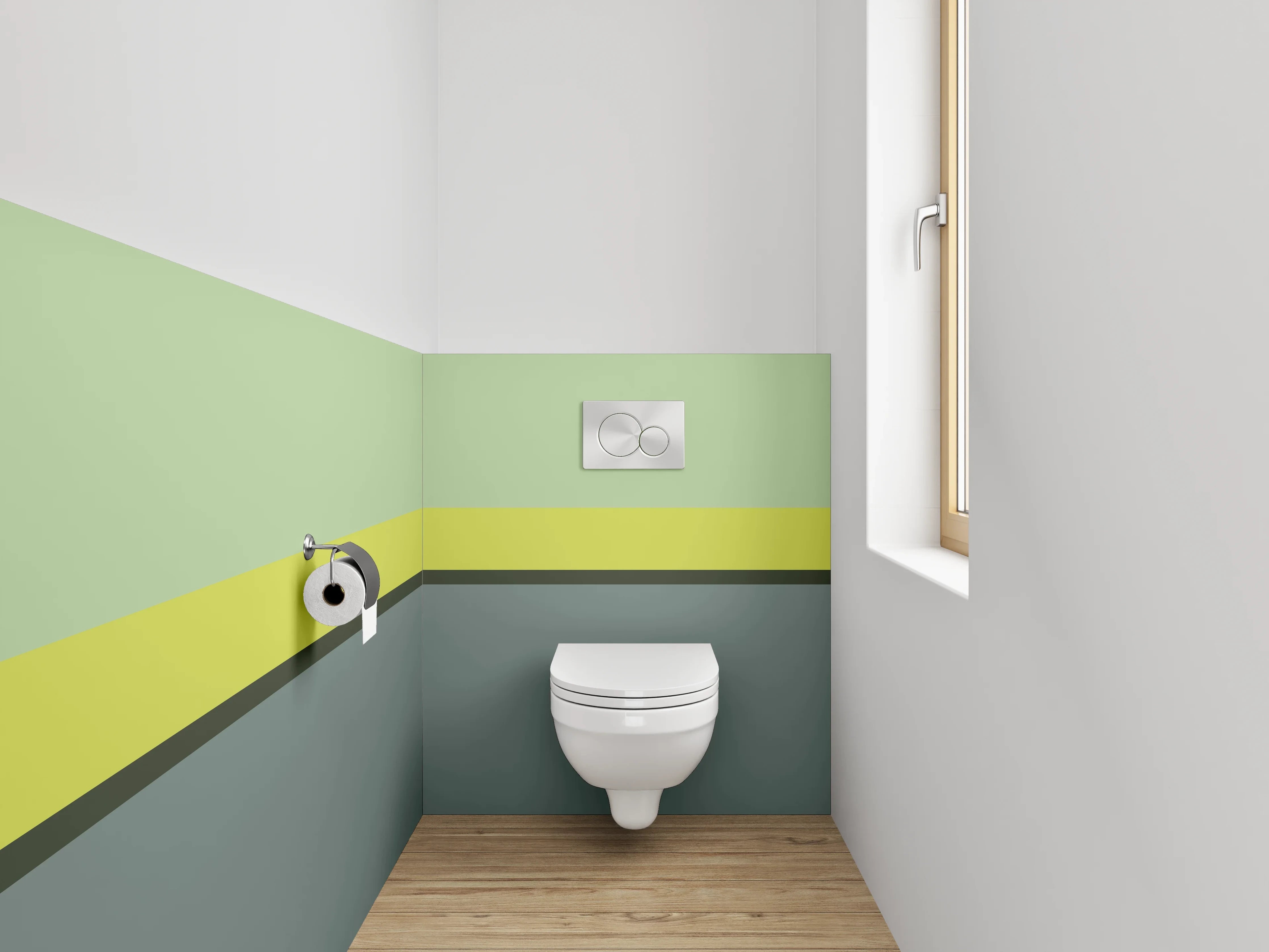 WC-Rückwand - Abstrakte Farbfelder in Grün und Grau