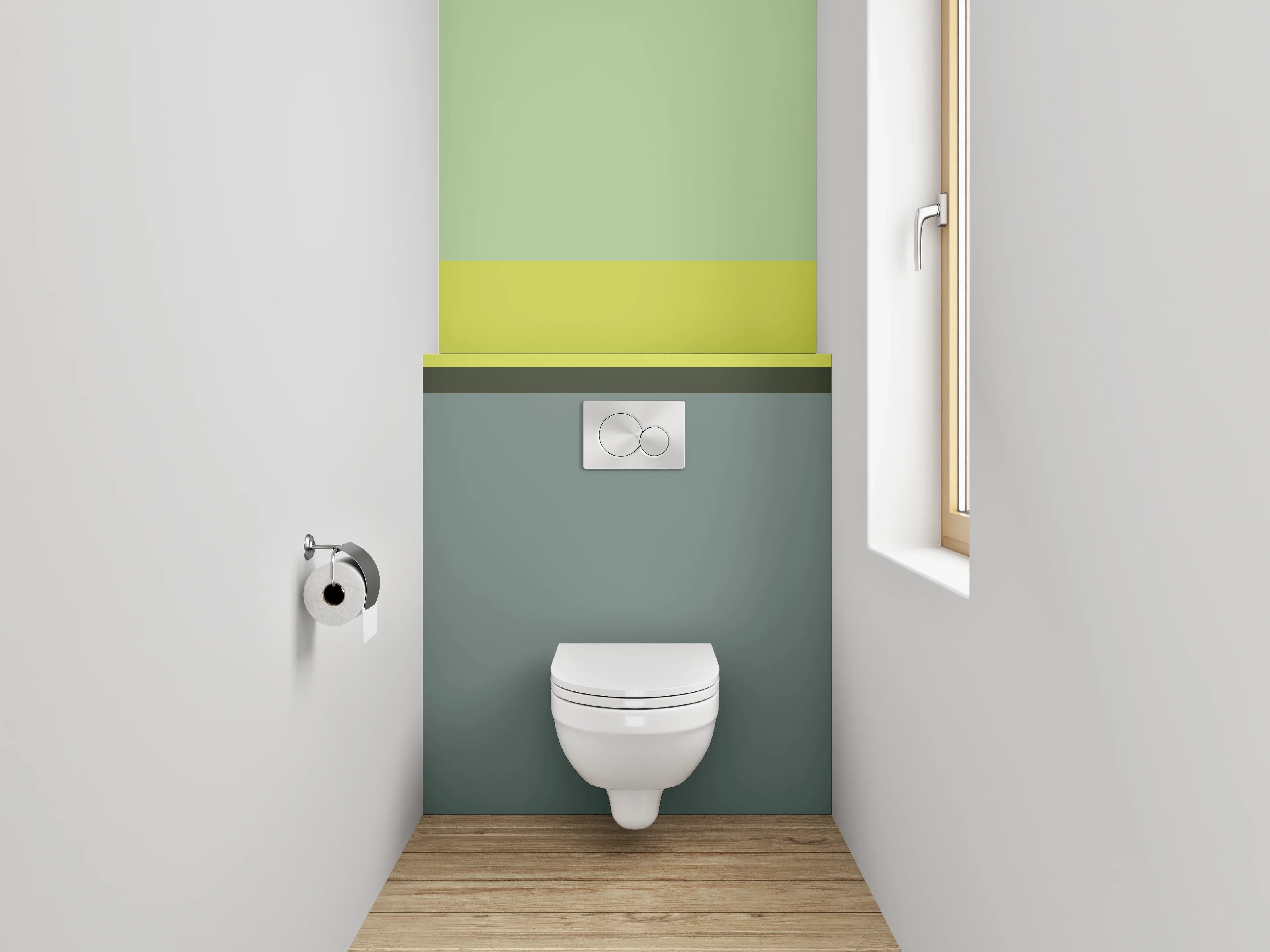 WC-Rückwand - Abstrakte Farbfelder in Grün und Grau