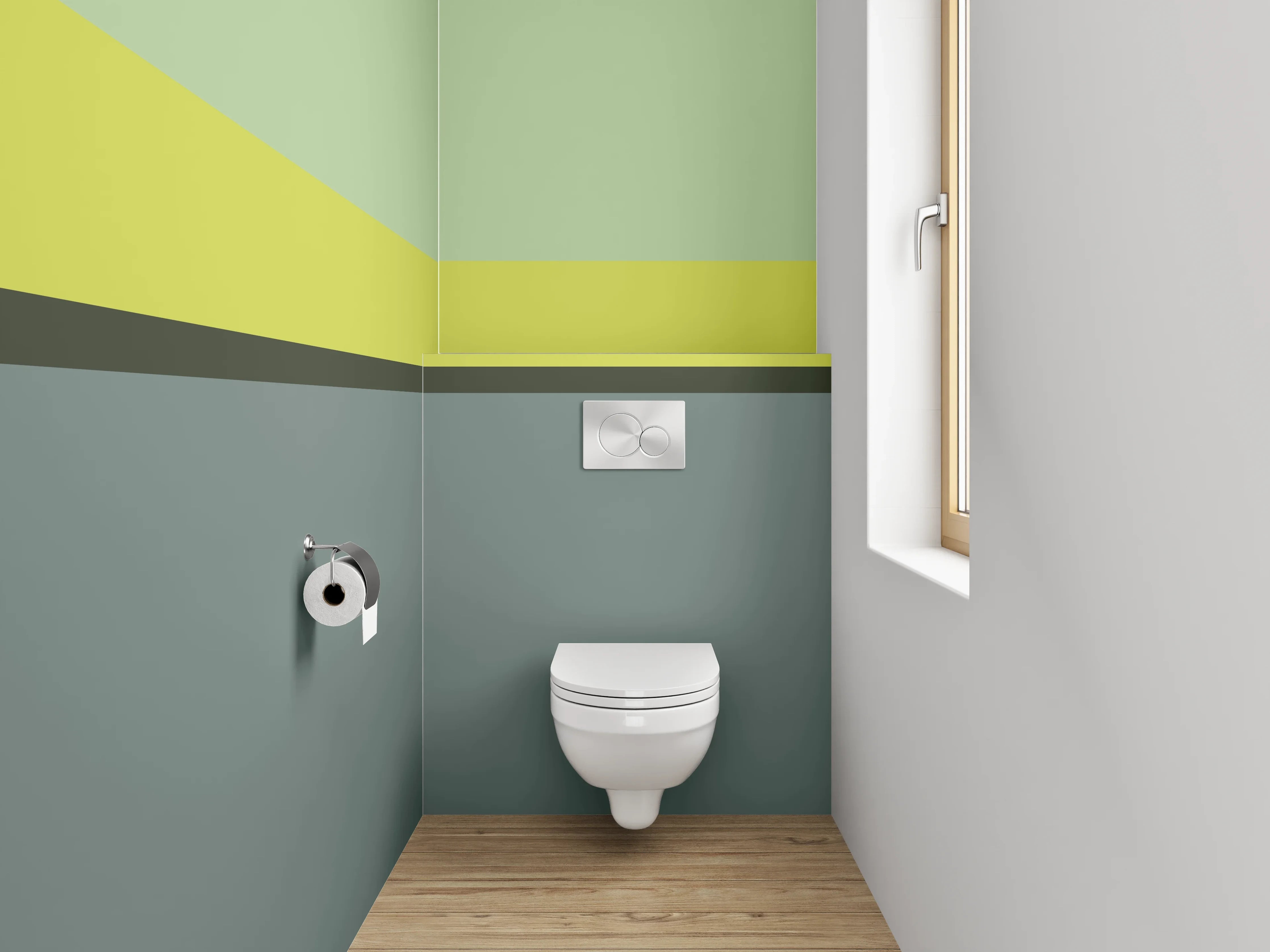 WC-Rückwand - Abstrakte Farbfelder in Grün und Grau