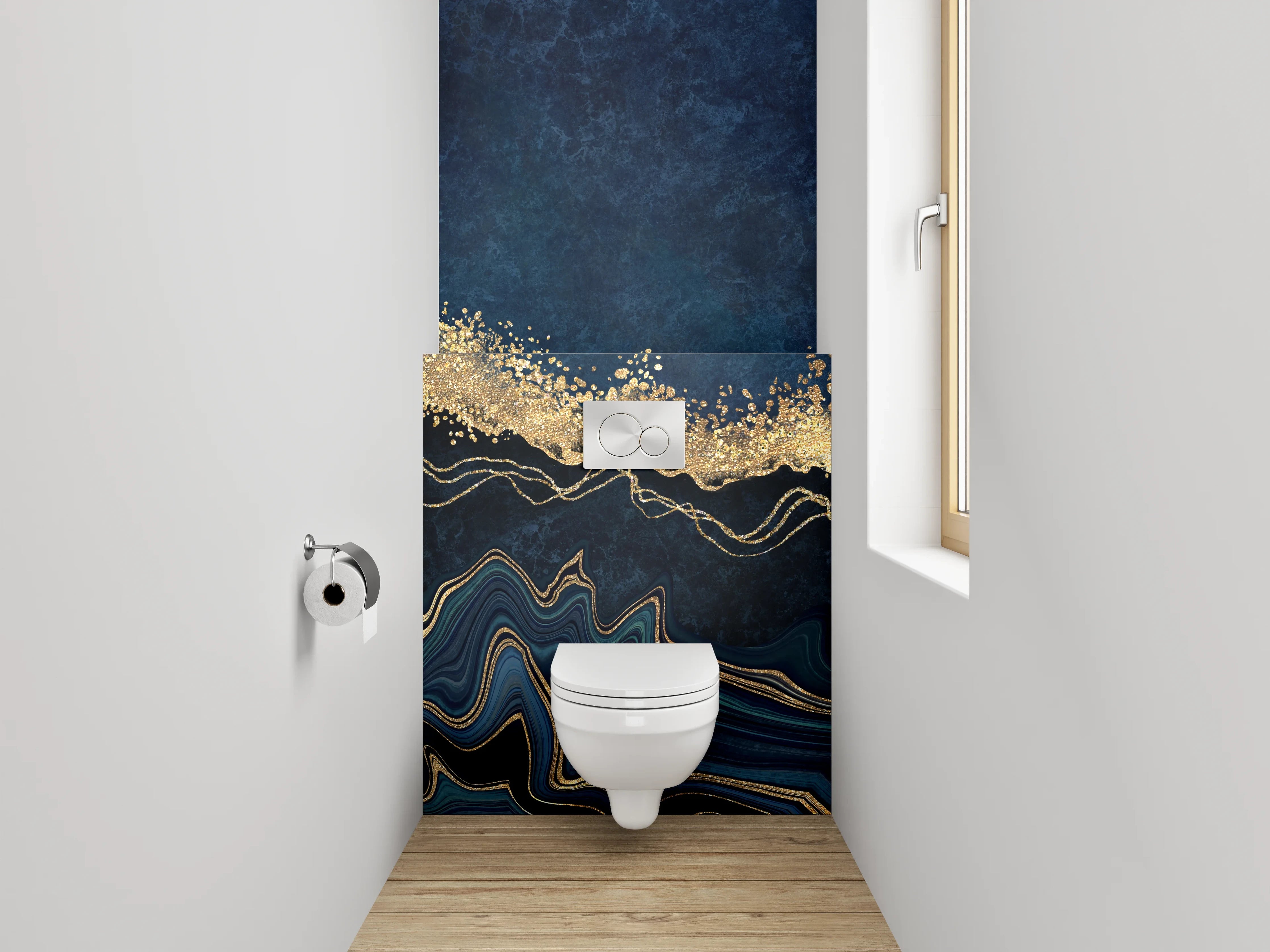 WC-Rückwand - Abstrakte Gold-Welle auf Dunkelblau