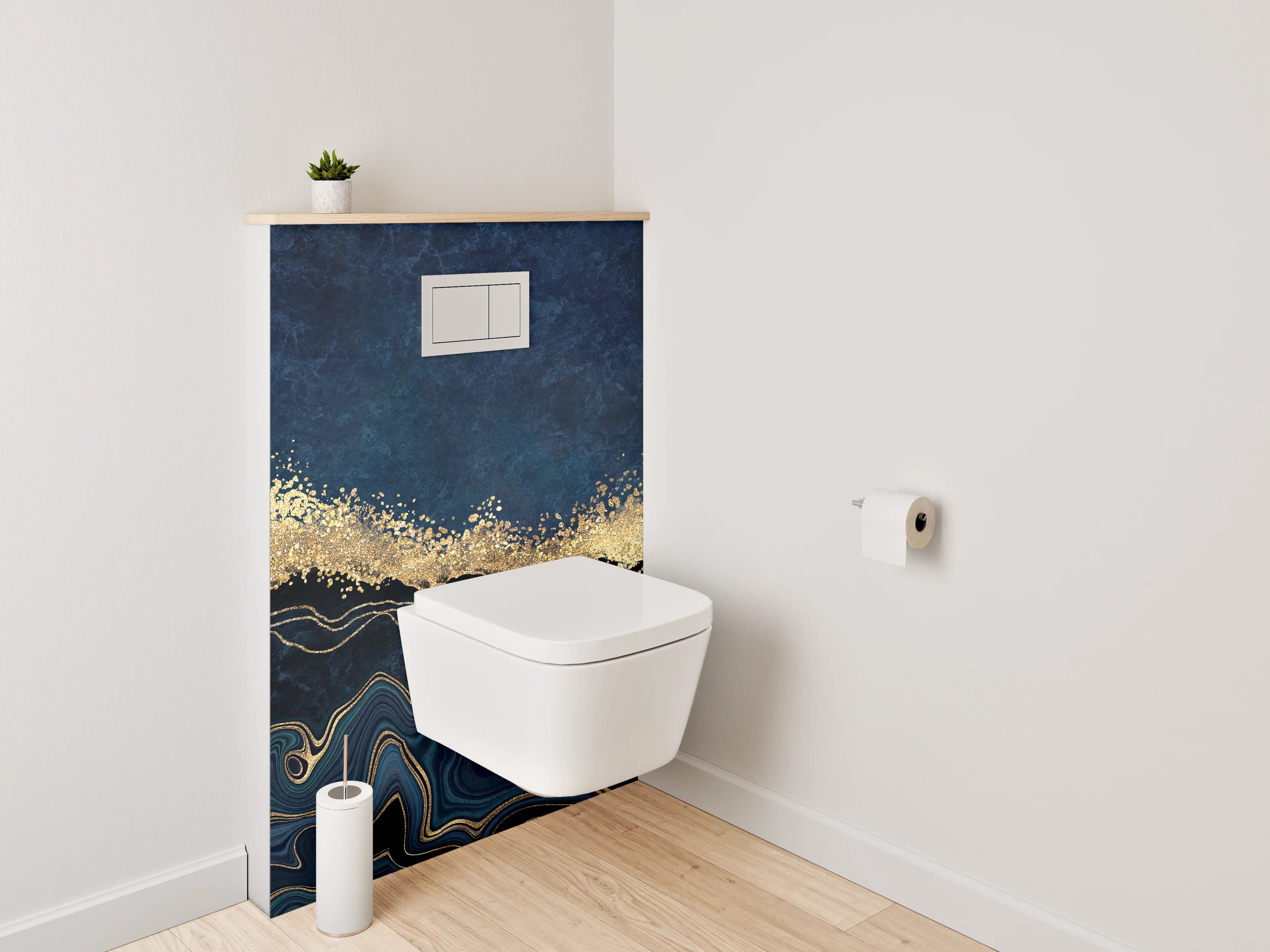 WC-Rückwand - Abstrakte Gold-Welle auf Dunkelblau