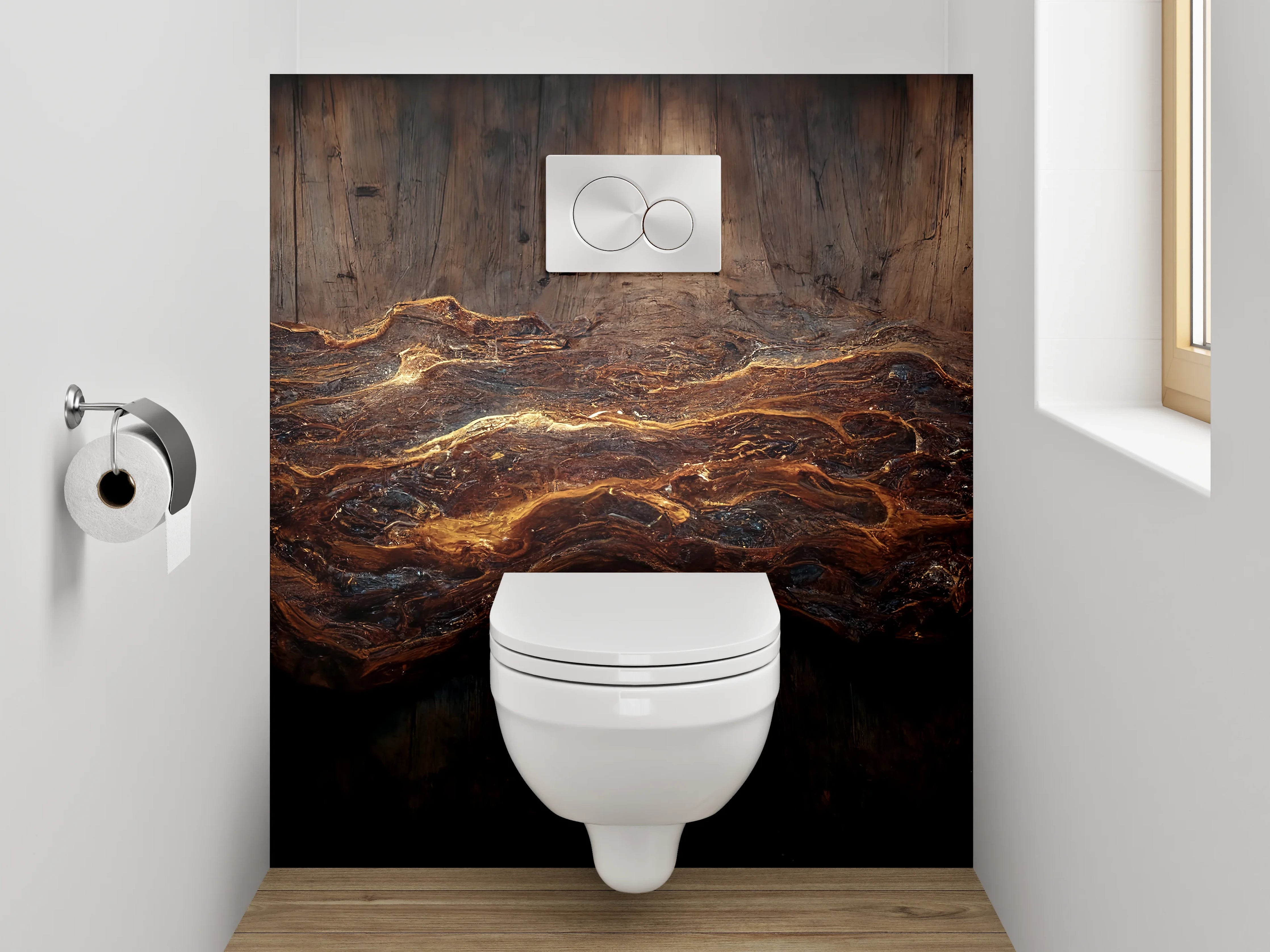 WC-Rückwand - Abstrakte Holzstruktur mit goldenen Adern