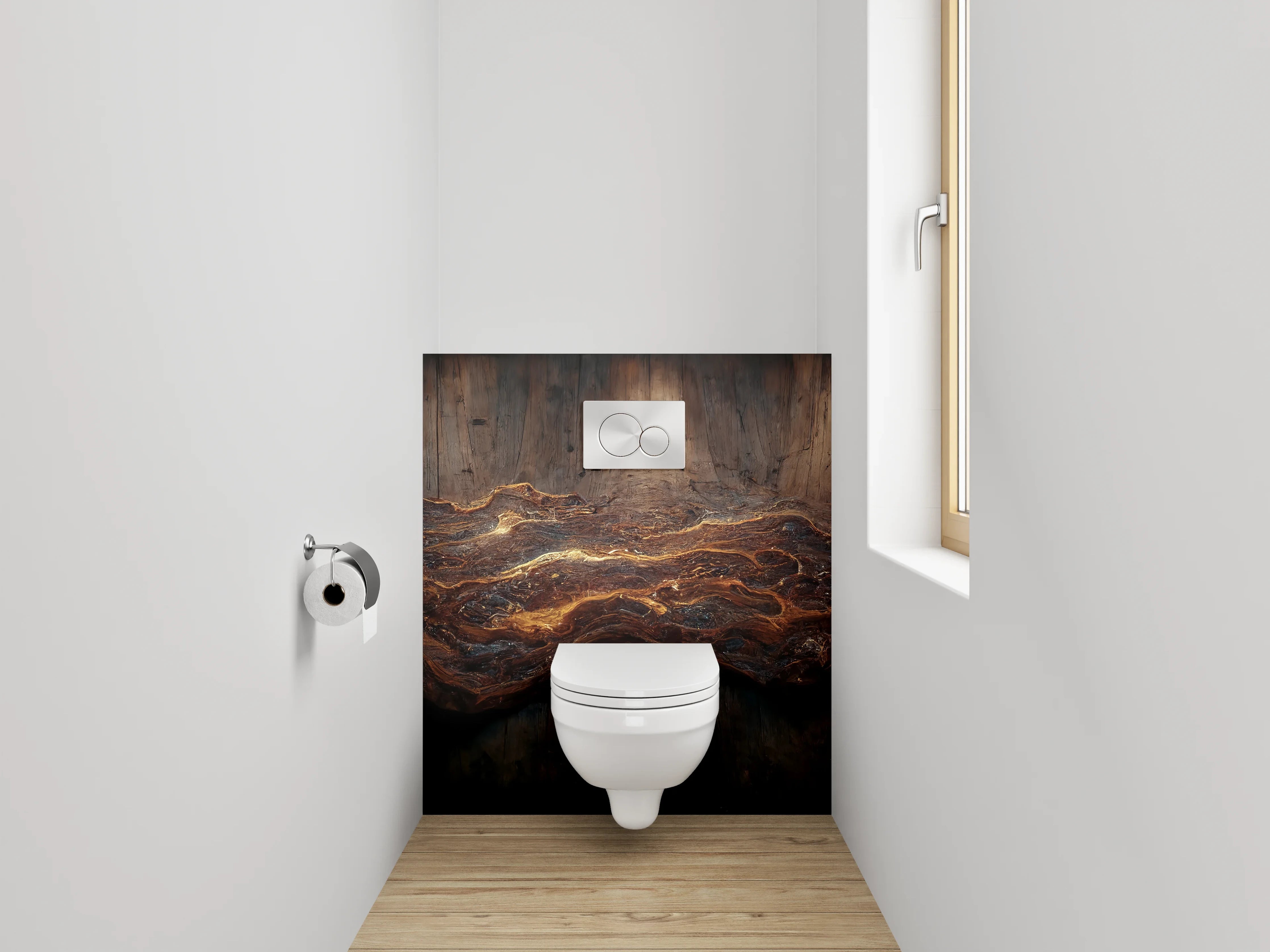 WC-Rückwand - Abstrakte Holzstruktur mit goldenen Adern