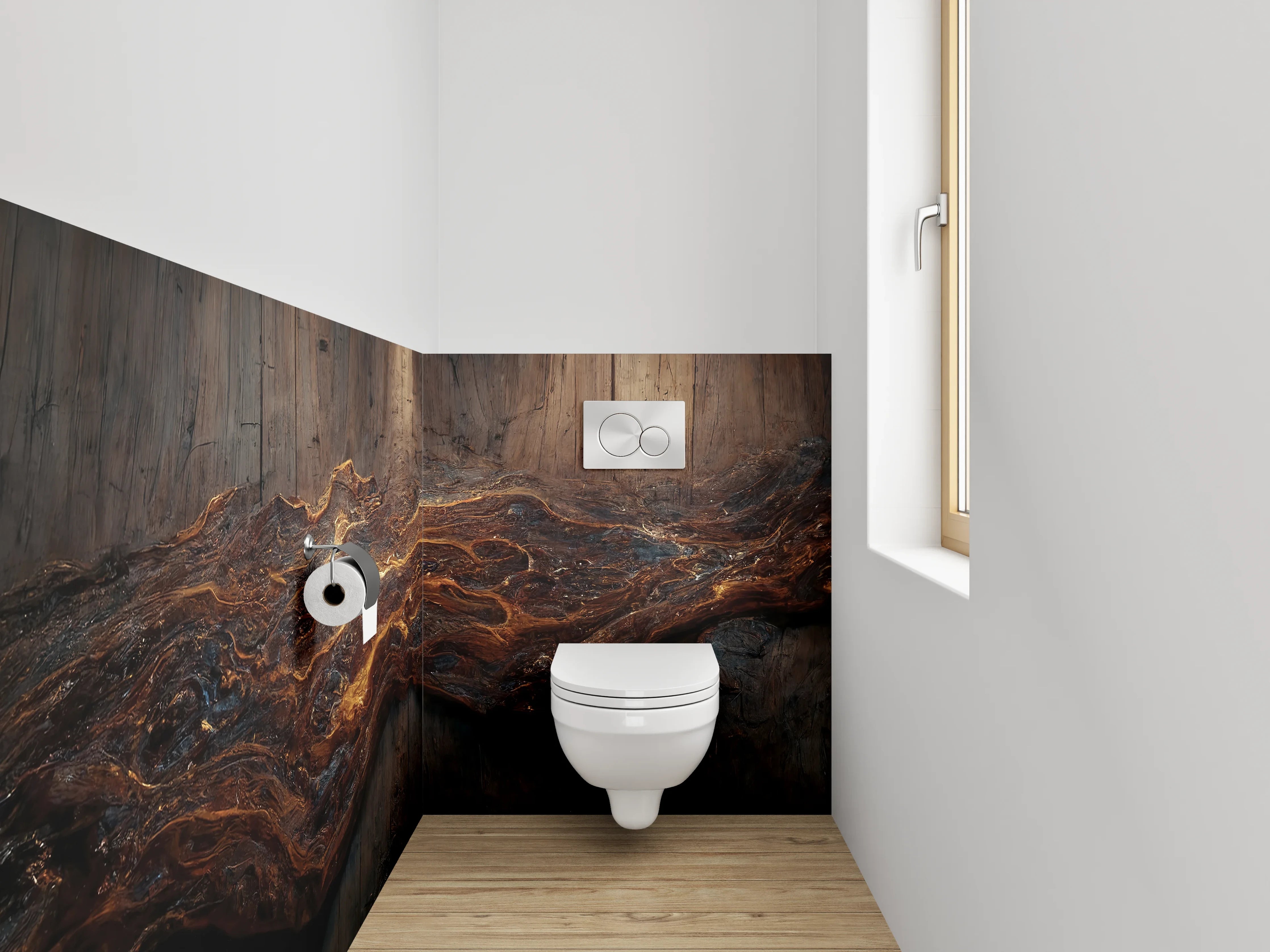 WC-Rückwand - Abstrakte Holzstruktur mit goldenen Adern